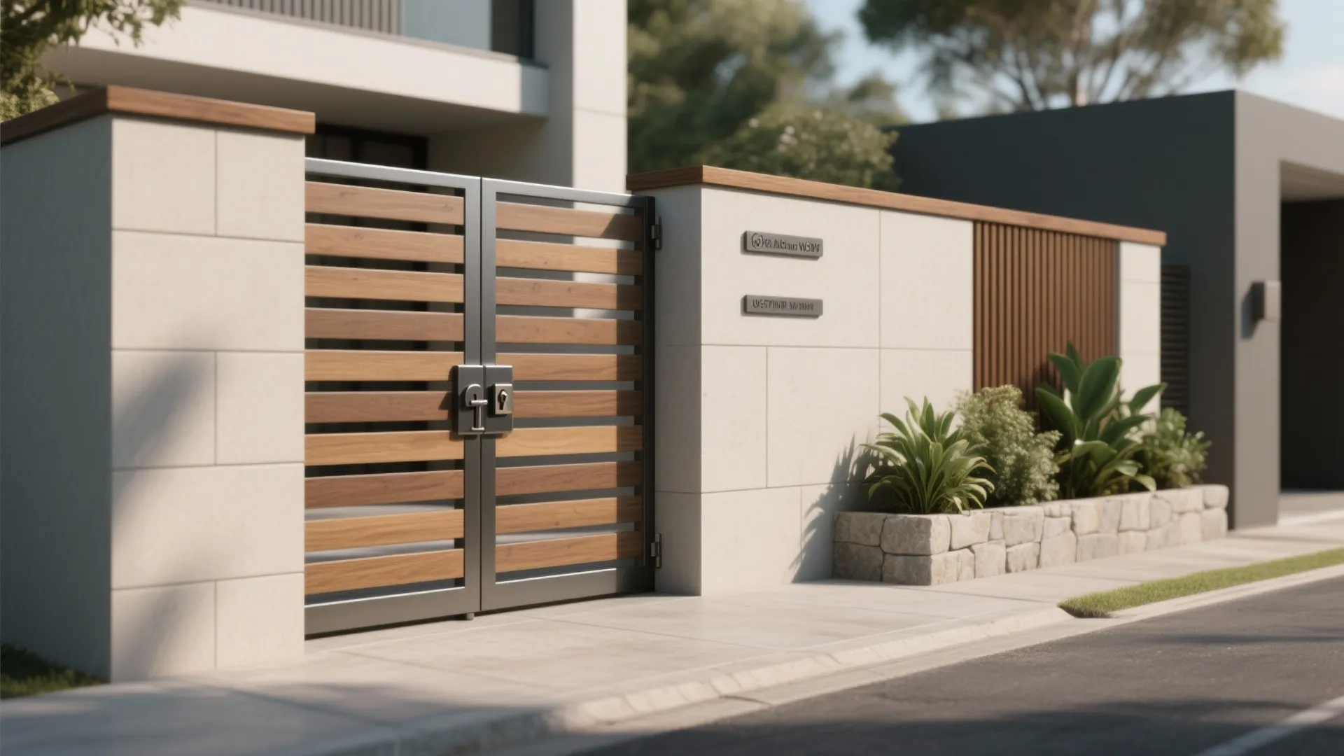 Modern wooden gate with white wall panel and small stone plant box next to a road