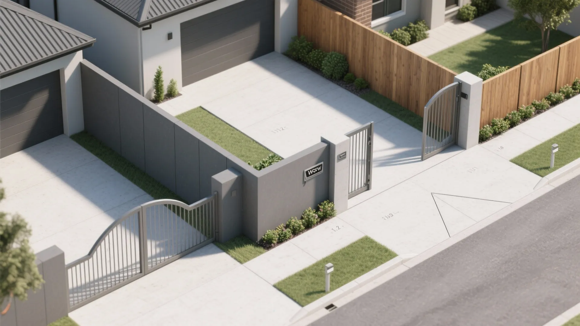 Modern exterior design drawing of a house with concrete driveway metal gate and grey walls