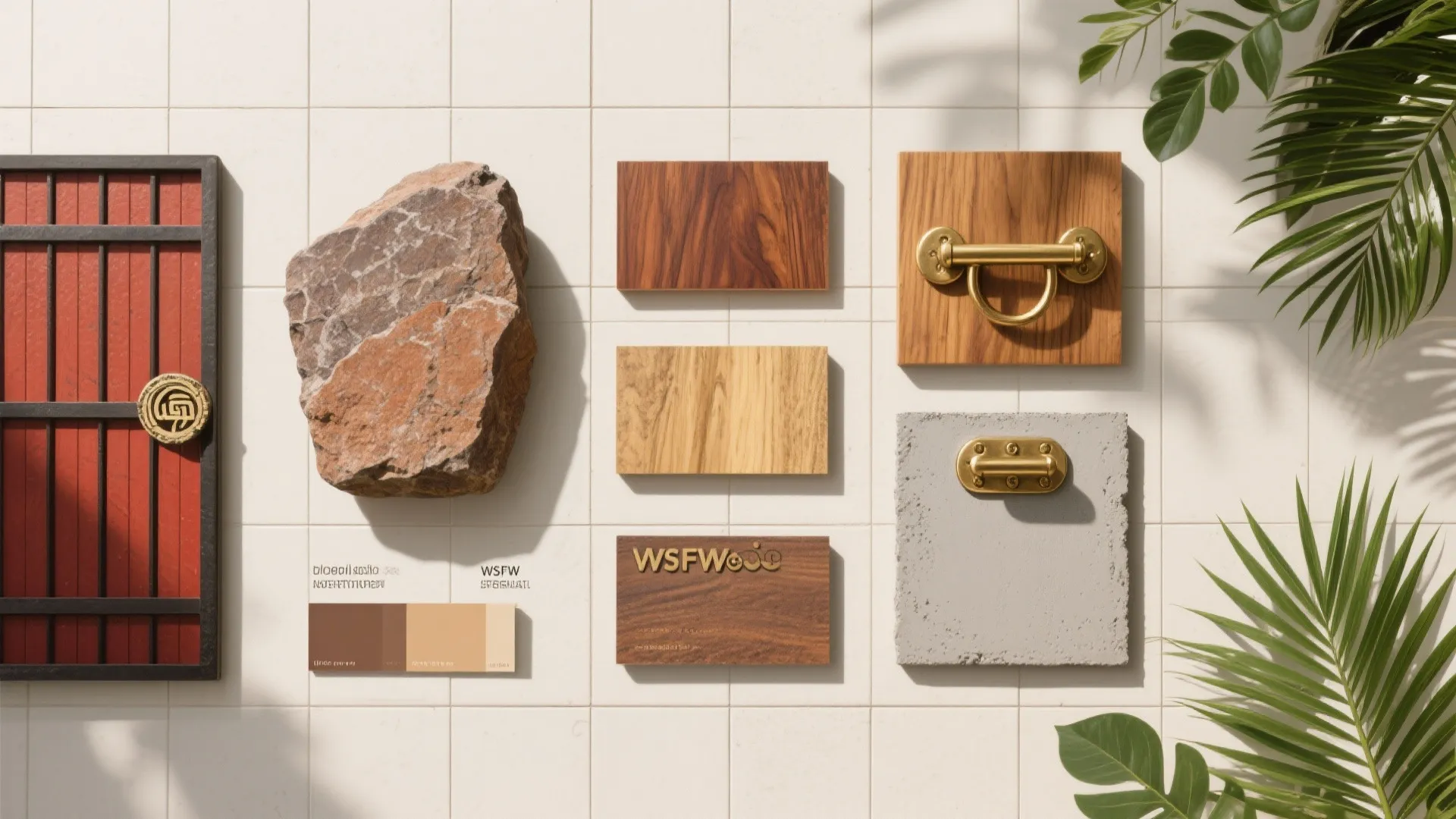 Material mood board featuring wood samples stone texture brass handles and color palette on white tiles