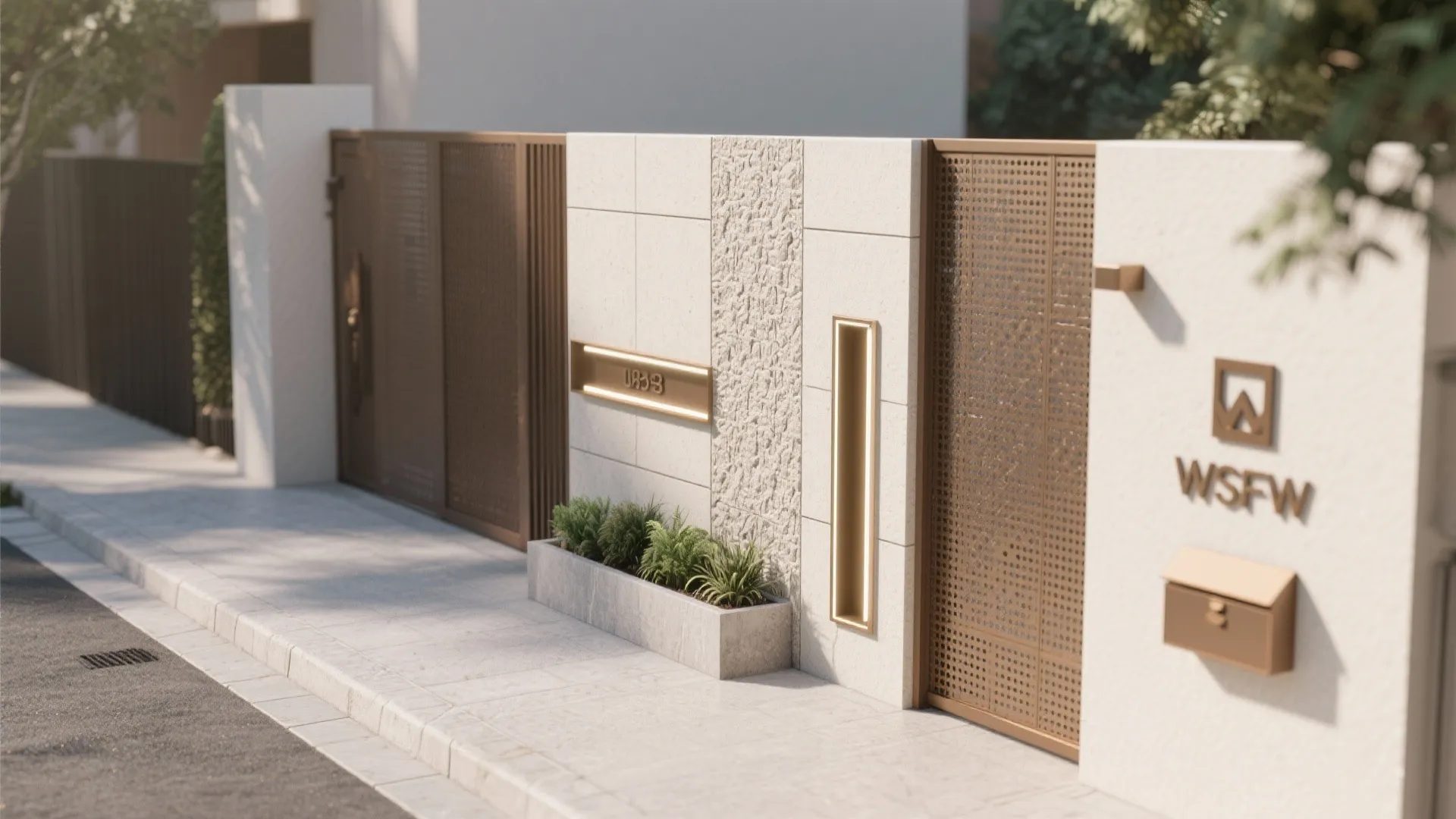 Modern white garden wall with a brown metal gate small plants and integrated light fixture