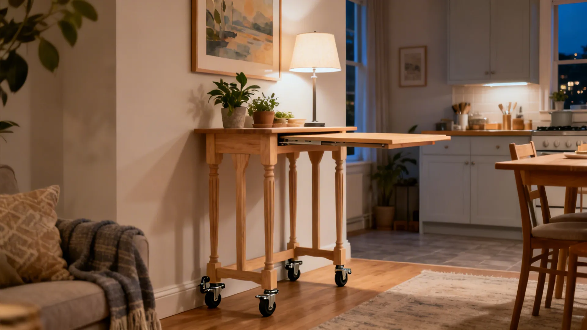 Slim light-wood gateleg table on casters used as a console and expanded for dining.