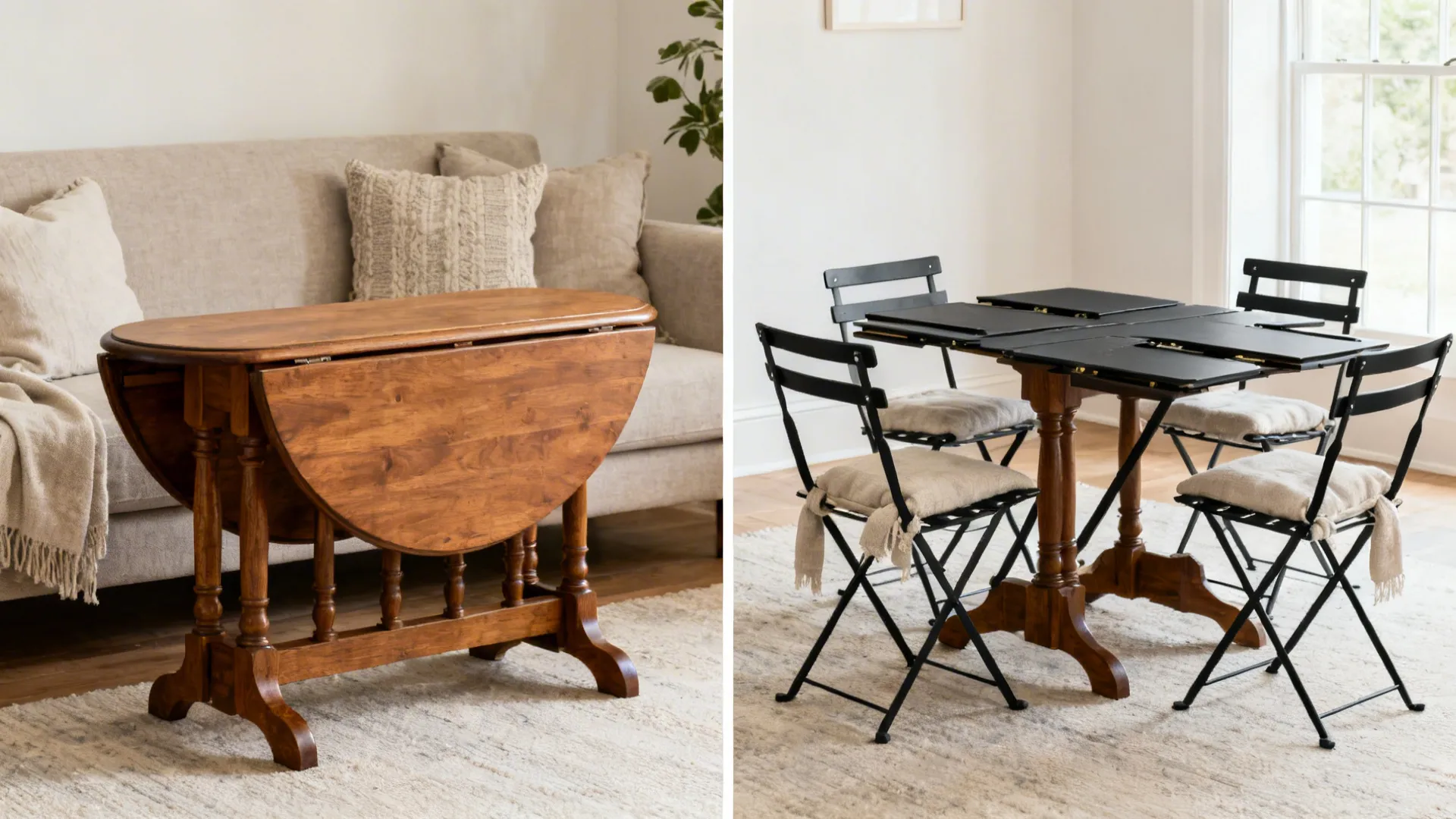 Comparison of a wooden folding table closed next to sofa and opened with dining chairs