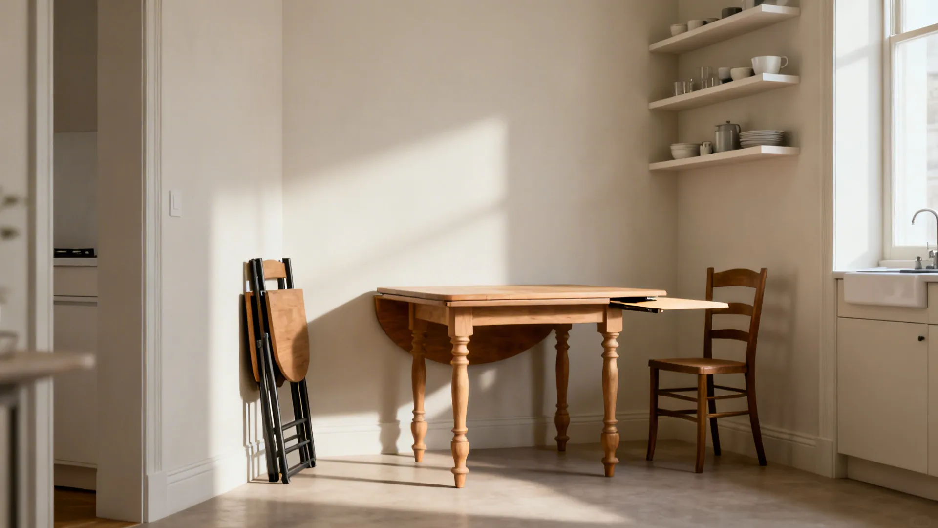 Before-and-after views of a gateleg table from folded storage mode to open dining setup.