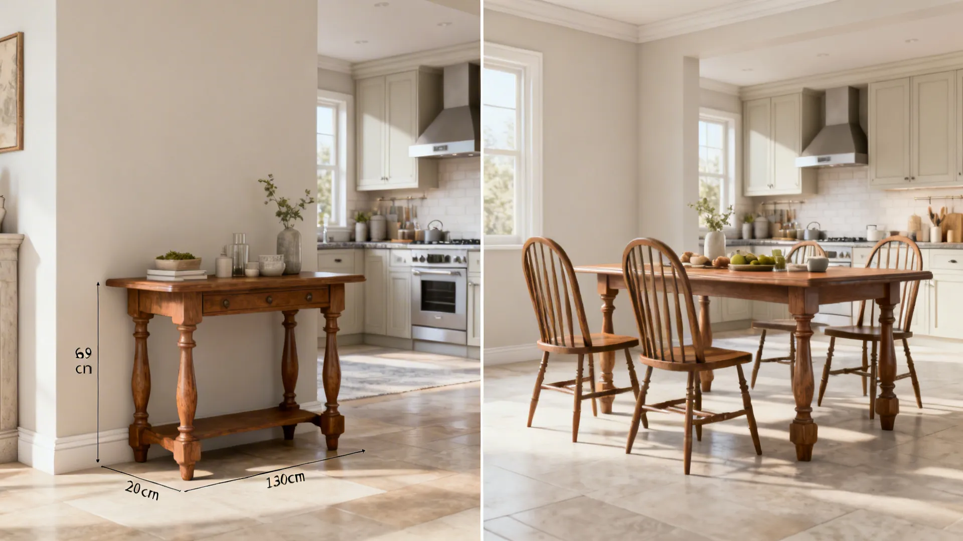 Gateleg table shown compact as a console and expanded to seat four in an open kitchen.