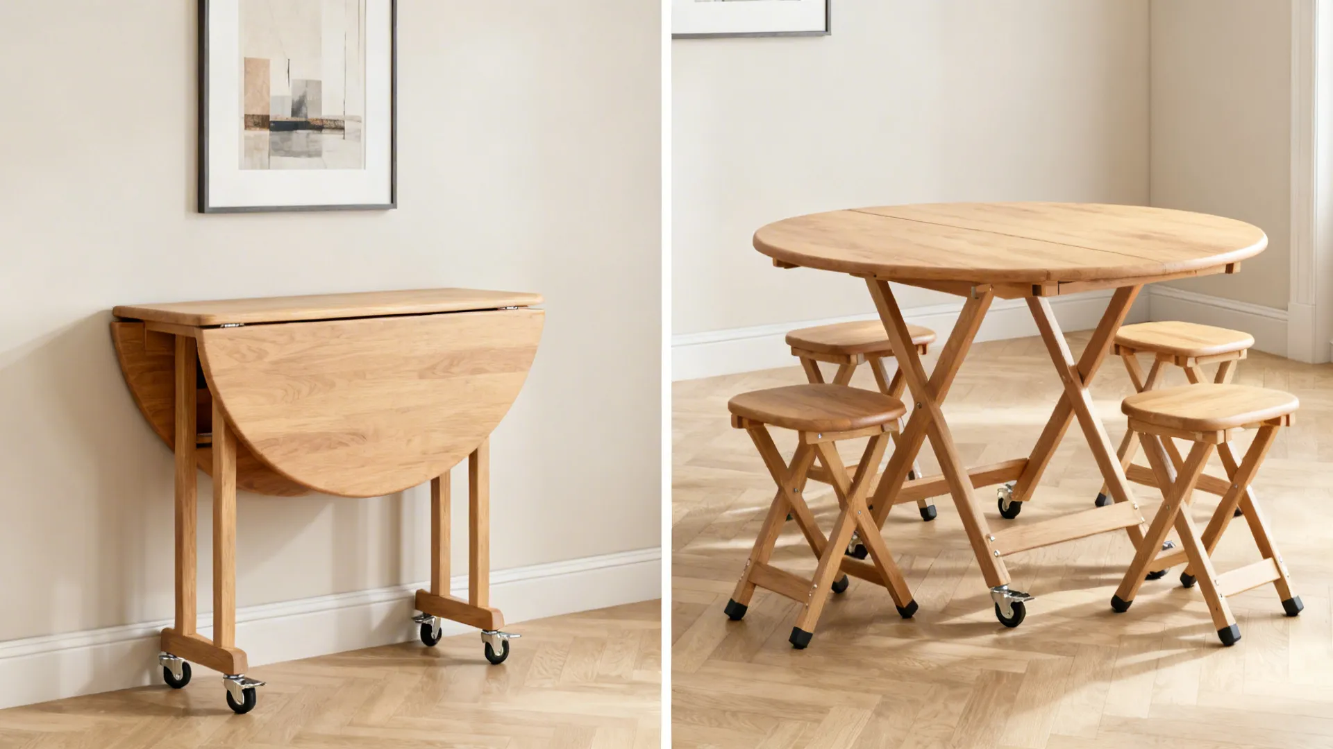 Before-and-after view of a gateleg table folded as a console and opened for four.