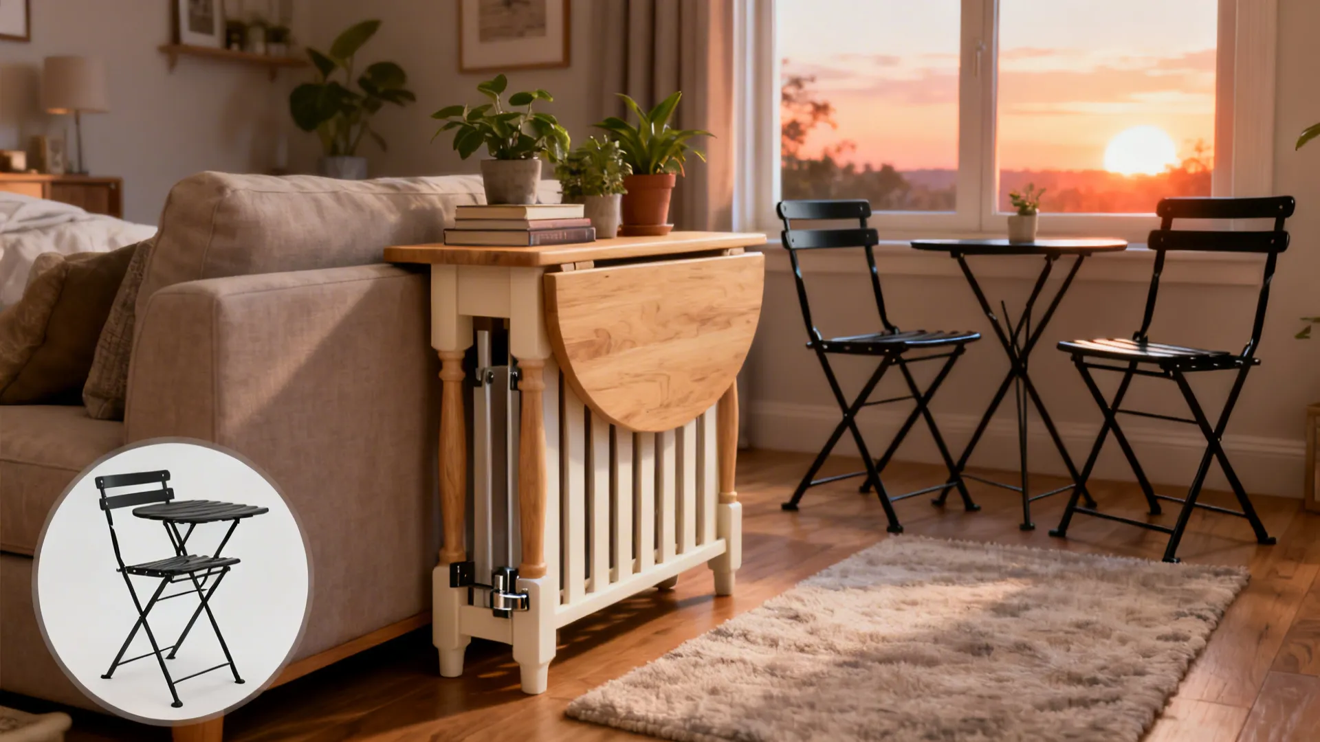 Wooden folding table with plants next to sofa and black bistro chairs near sunset view window