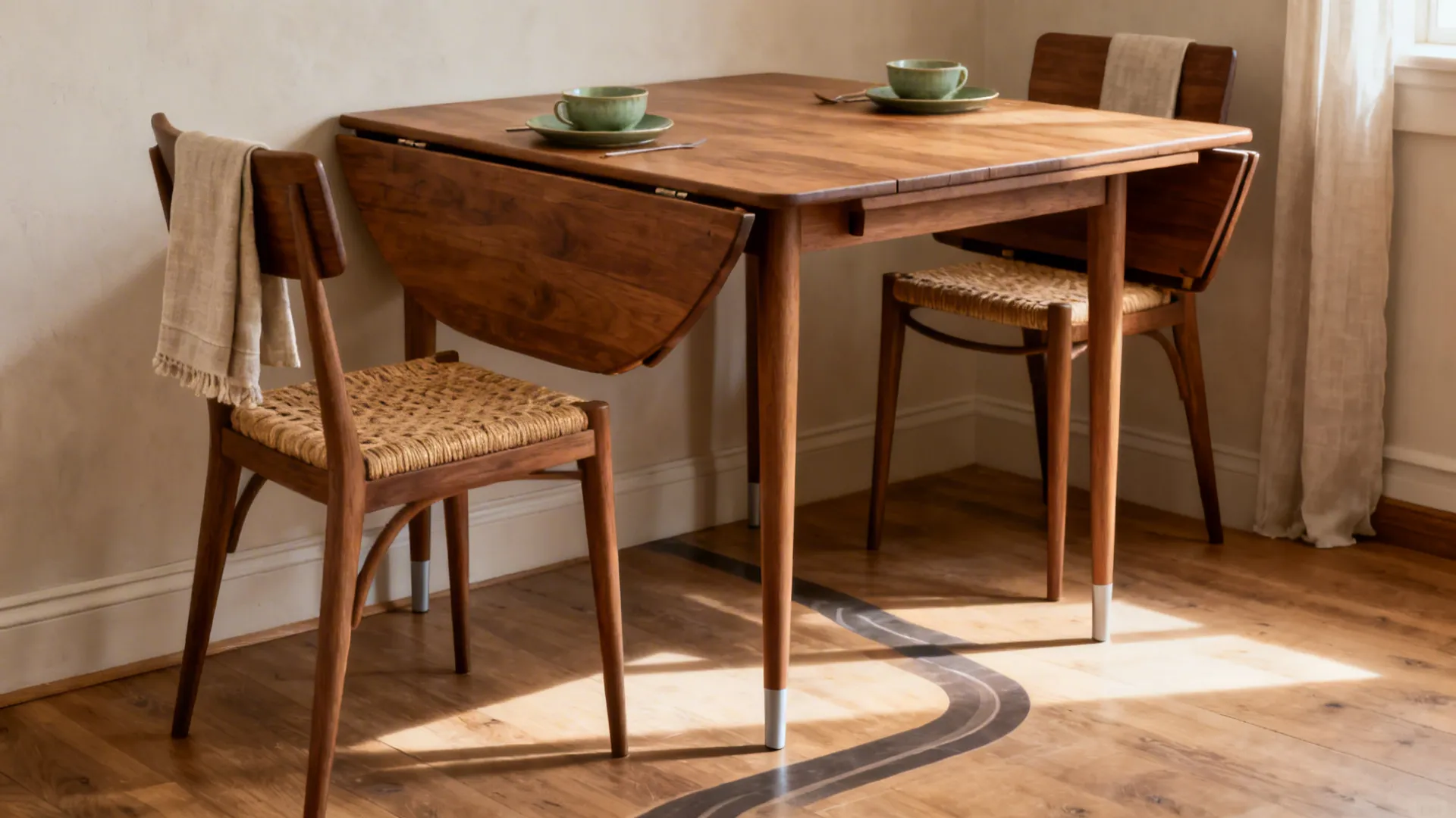 Wooden foldable dining table with two chairs, green cups, and light reflecting on wood floor