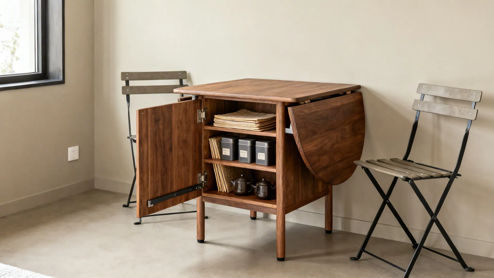 Compact gateleg table with integrated shelves open, holding placemats and tins in a neat dining corner.
