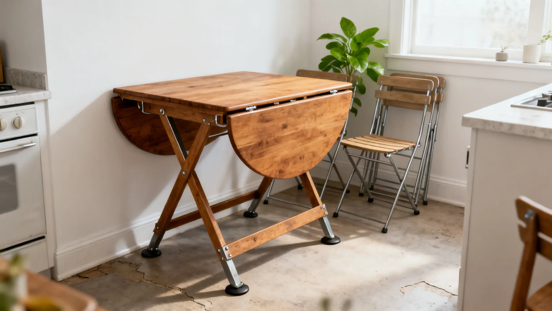 Vintage gateleg drop-leaf table in a small kitchen with stacking chairs and warm wood tones.