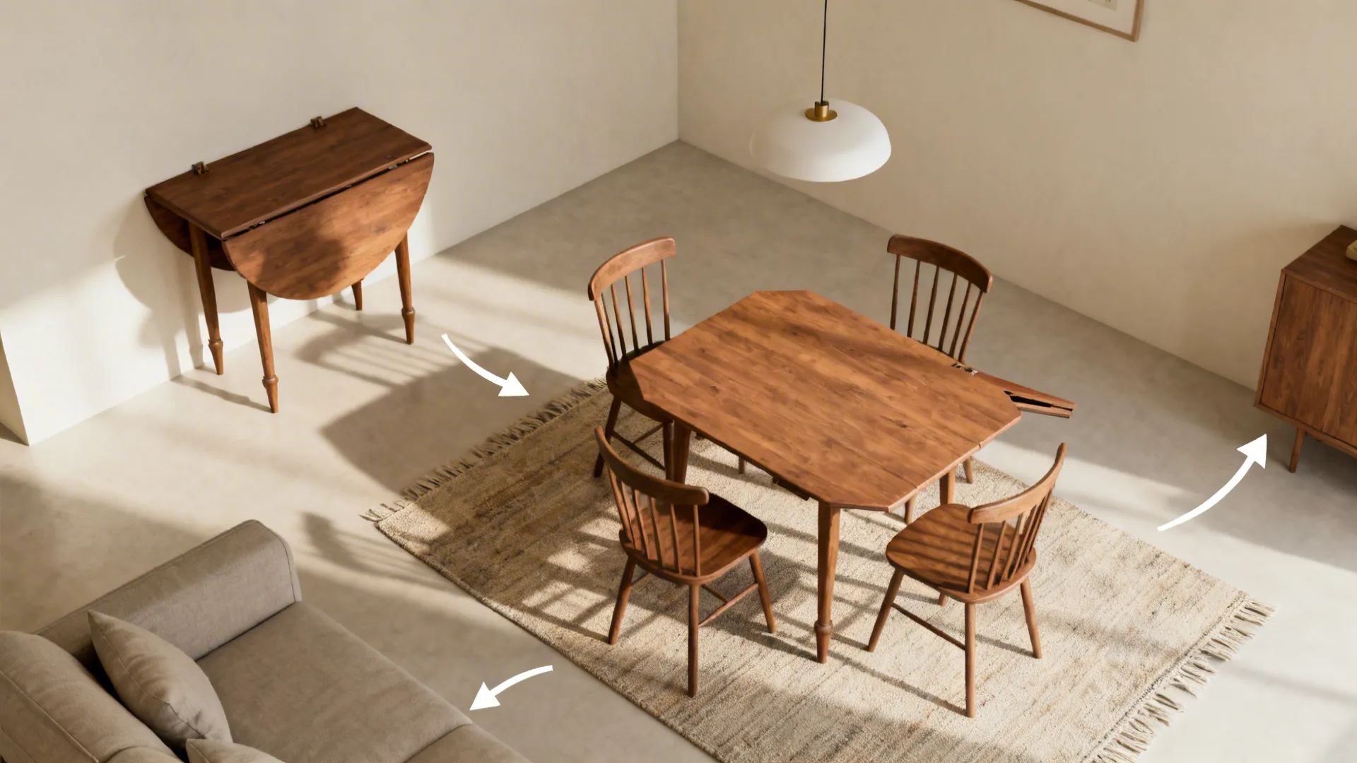 Top-down view of a gateleg table layout in closed and open positions with clear circulation.