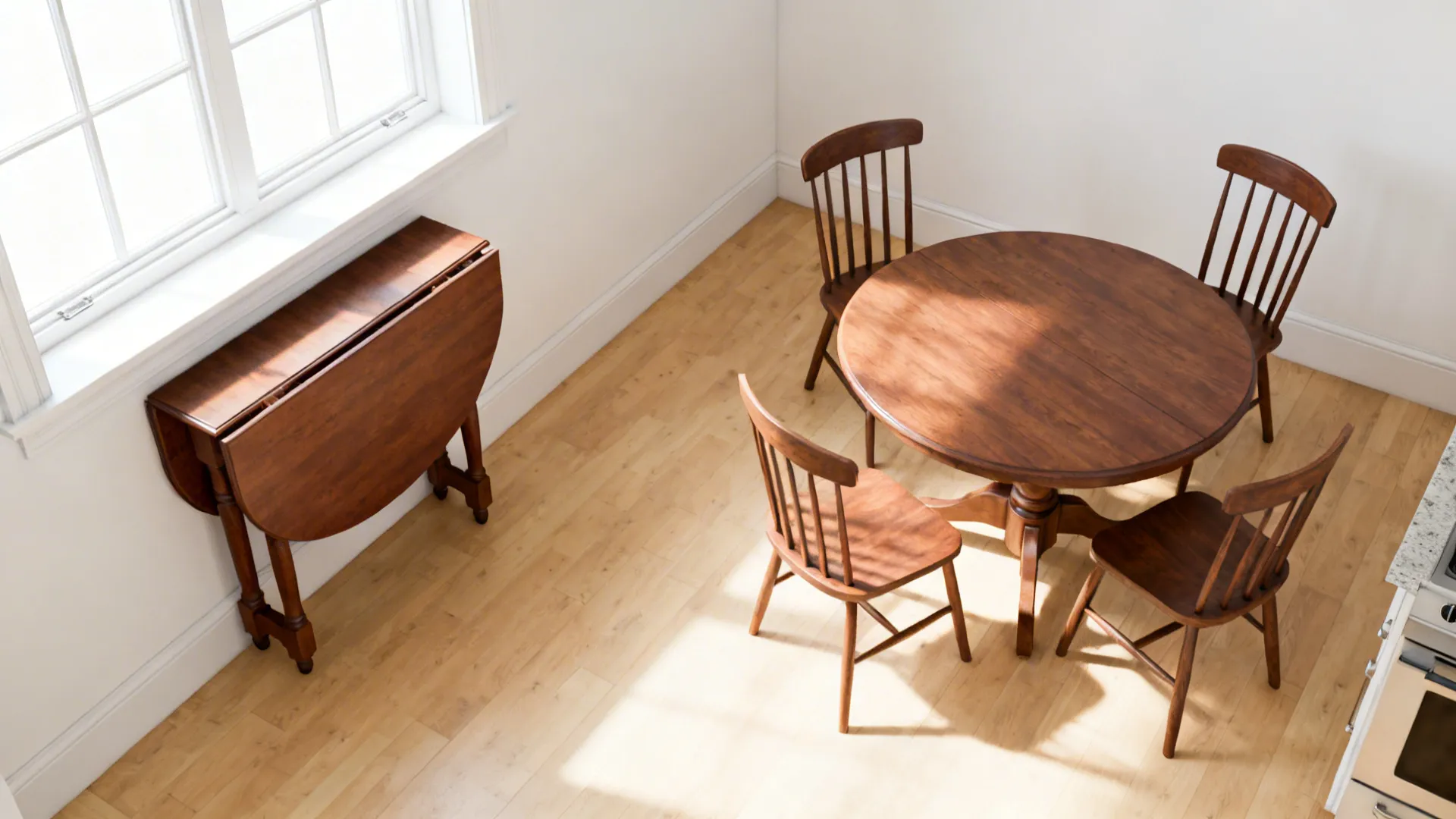 Top-down view of gateleg table folded and expanded with clearances shown.