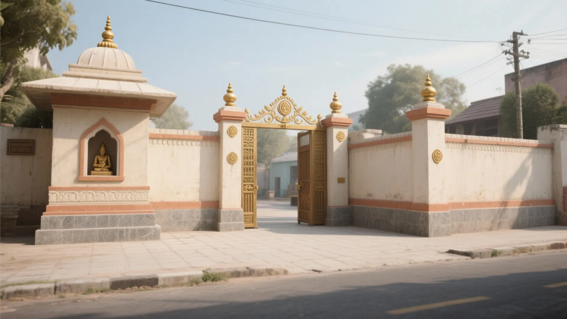 Traditional white wall with golden gate plus a small buddha statue in an outdoor street