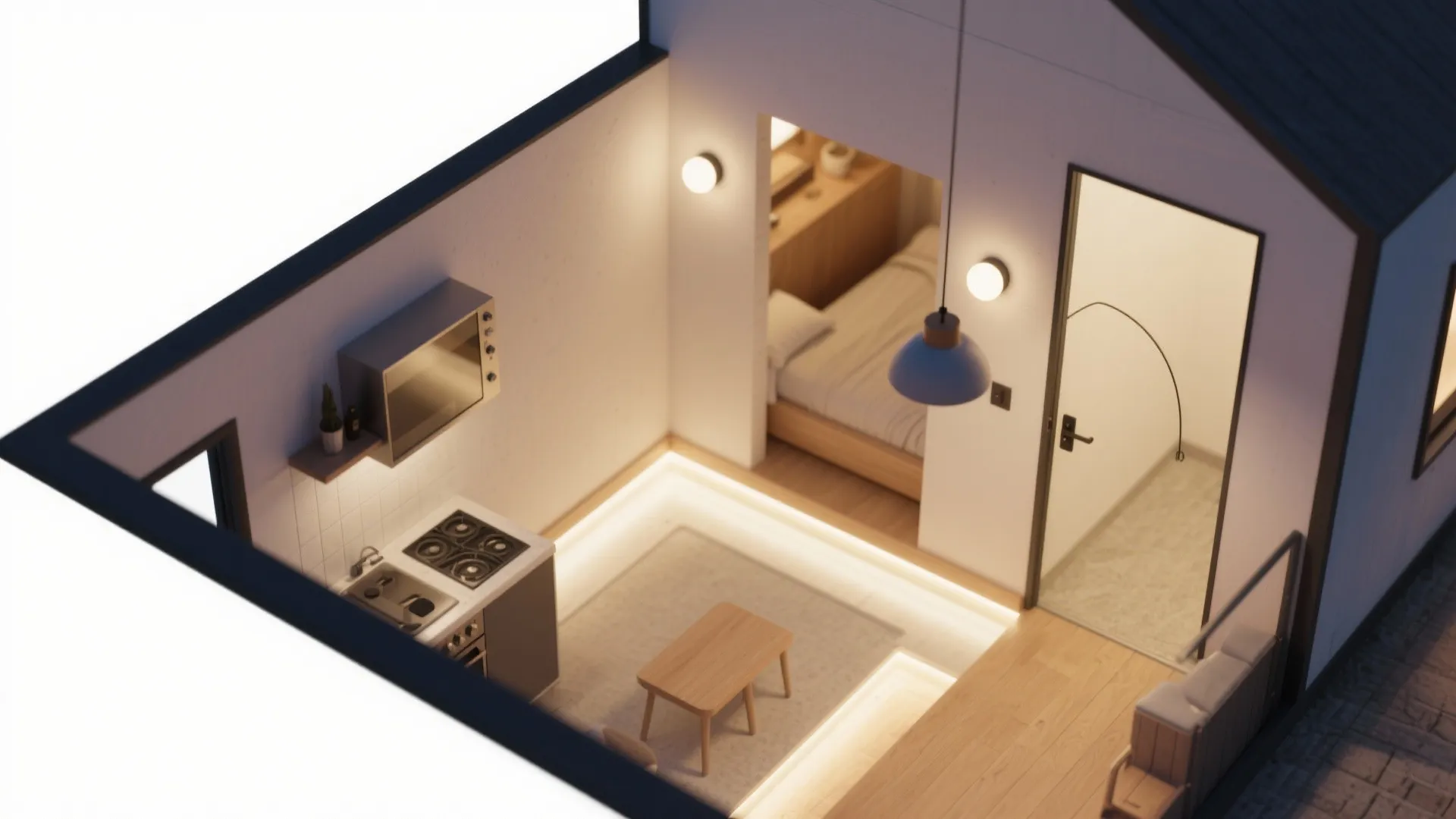 Wayfinding pendants and sconce “gateways” at transitions