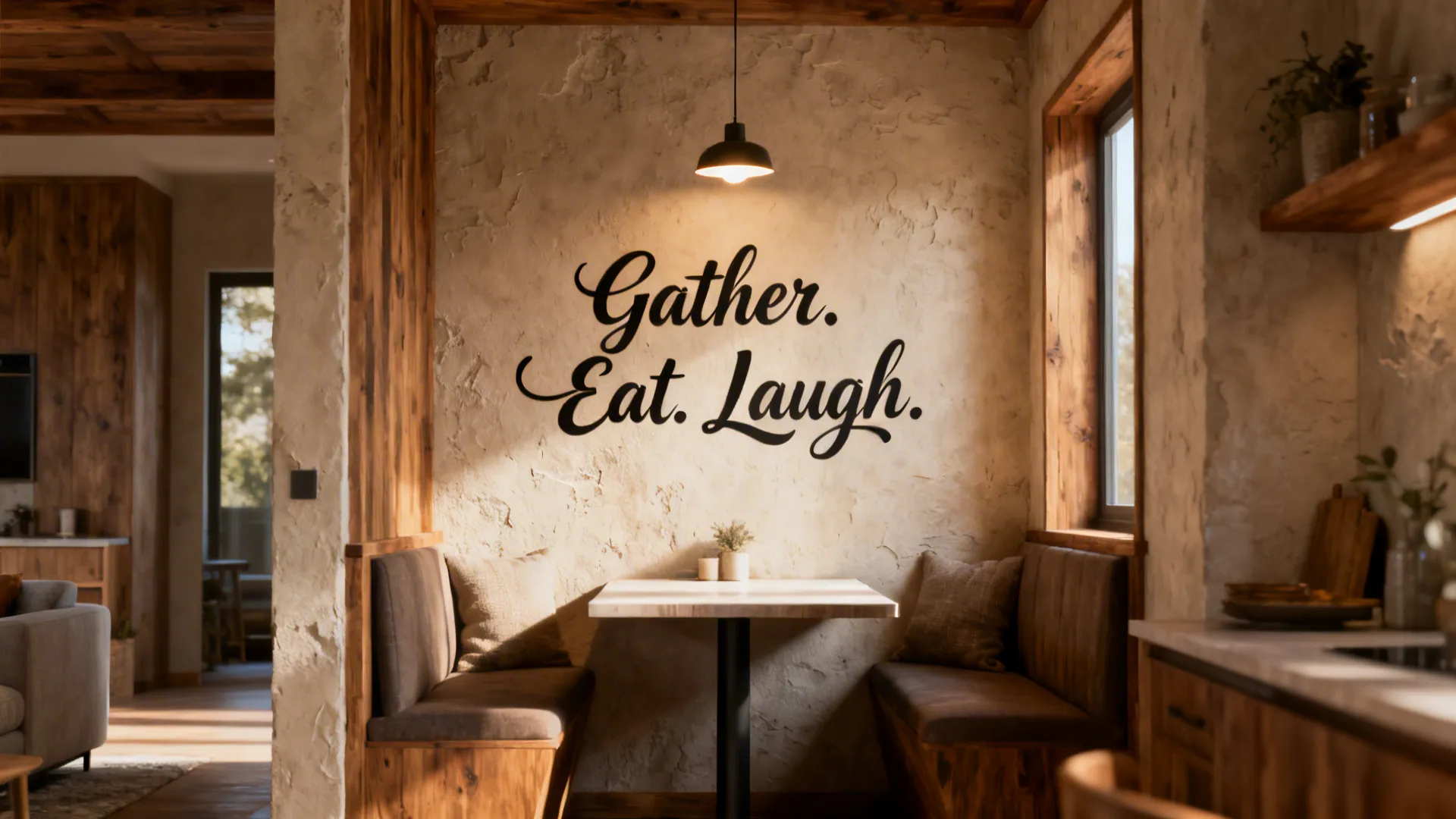 Rustic dining area with wooden bench seating small square table wall quote and black ceiling light