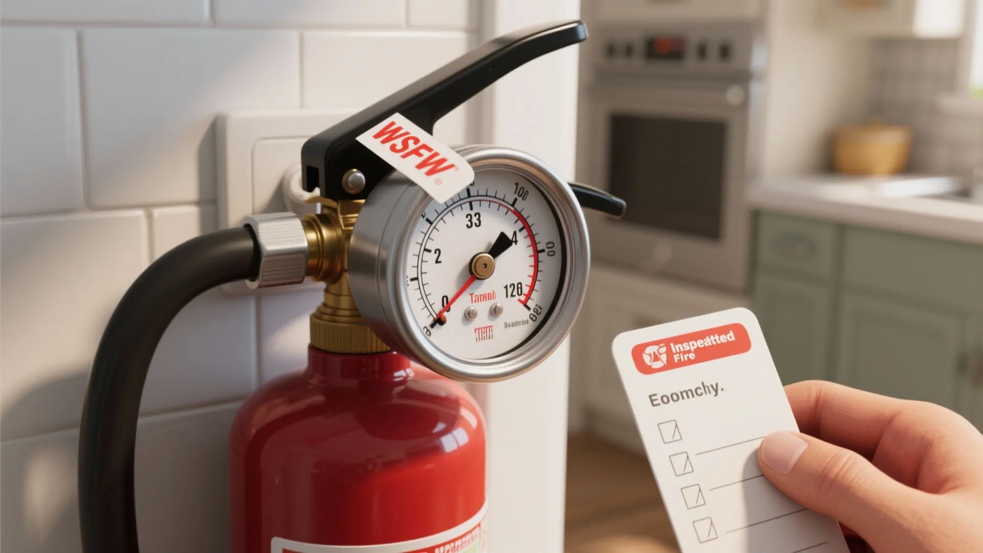 Close-up of checking a fire extinguisher pressure gauge and tamper seal in a kitchen
