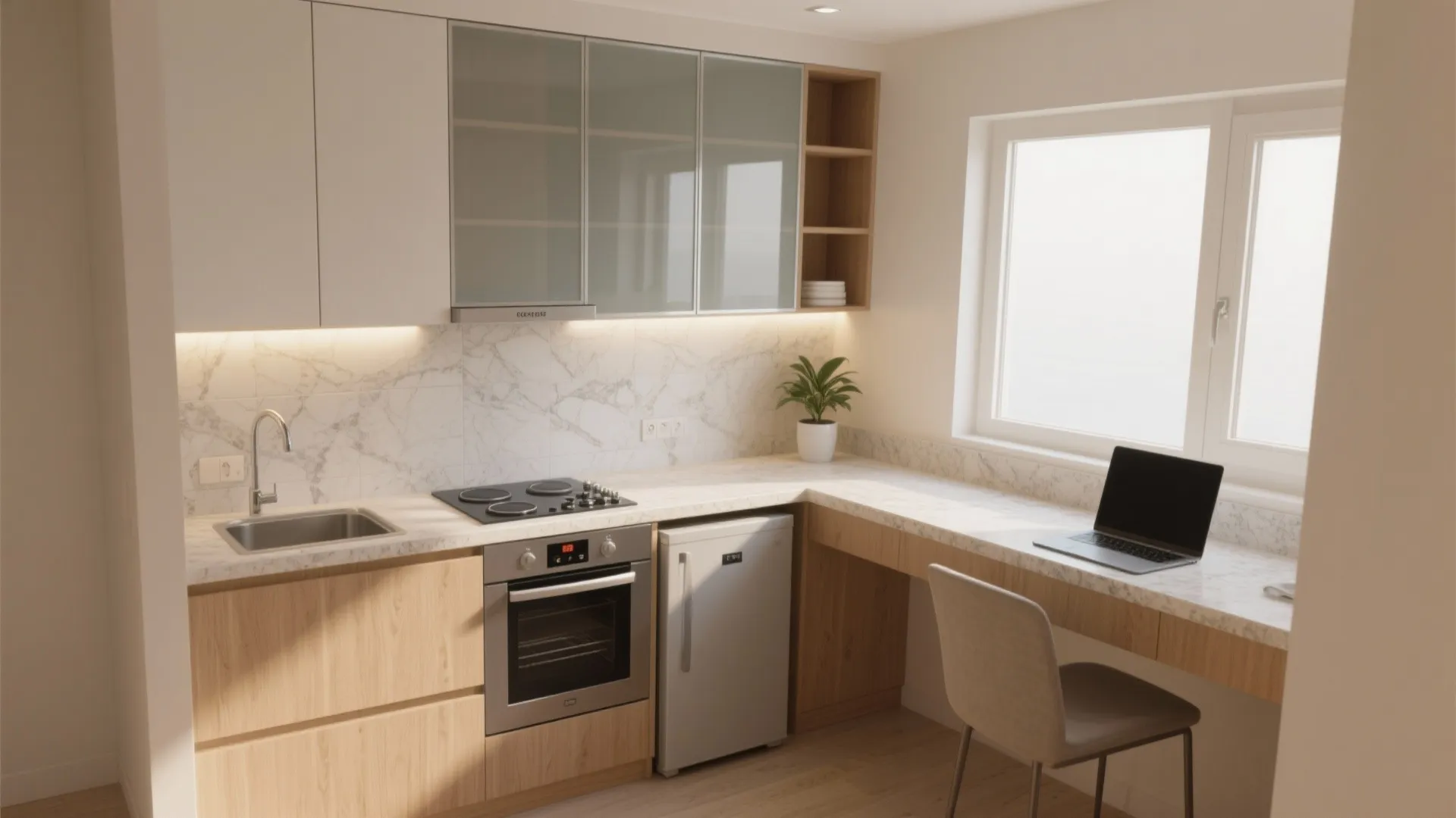 Small apartment kitchen with wood cabinets marble counter laptop desk window and light gray dining chair