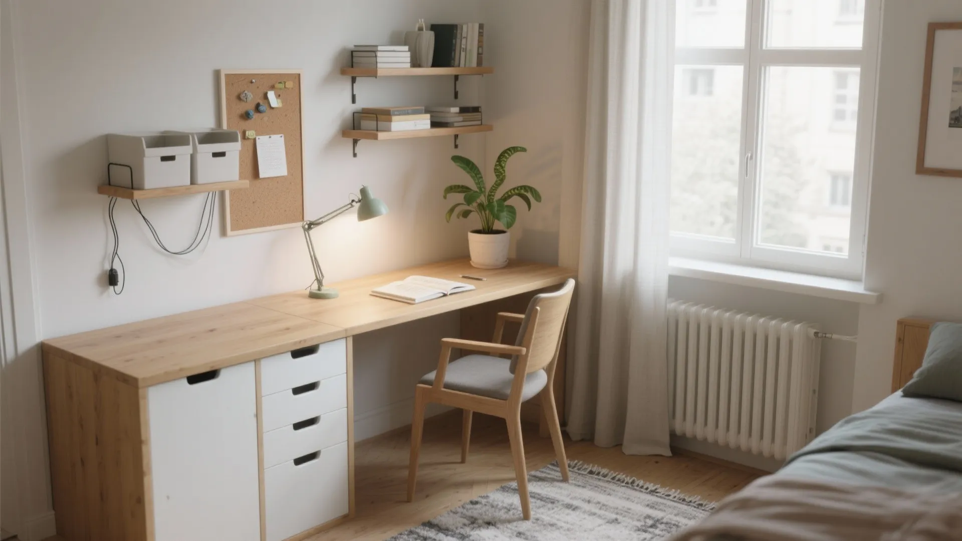 Modern home office with wooden desk, green desk lamp, cork board, shelves, and natural light