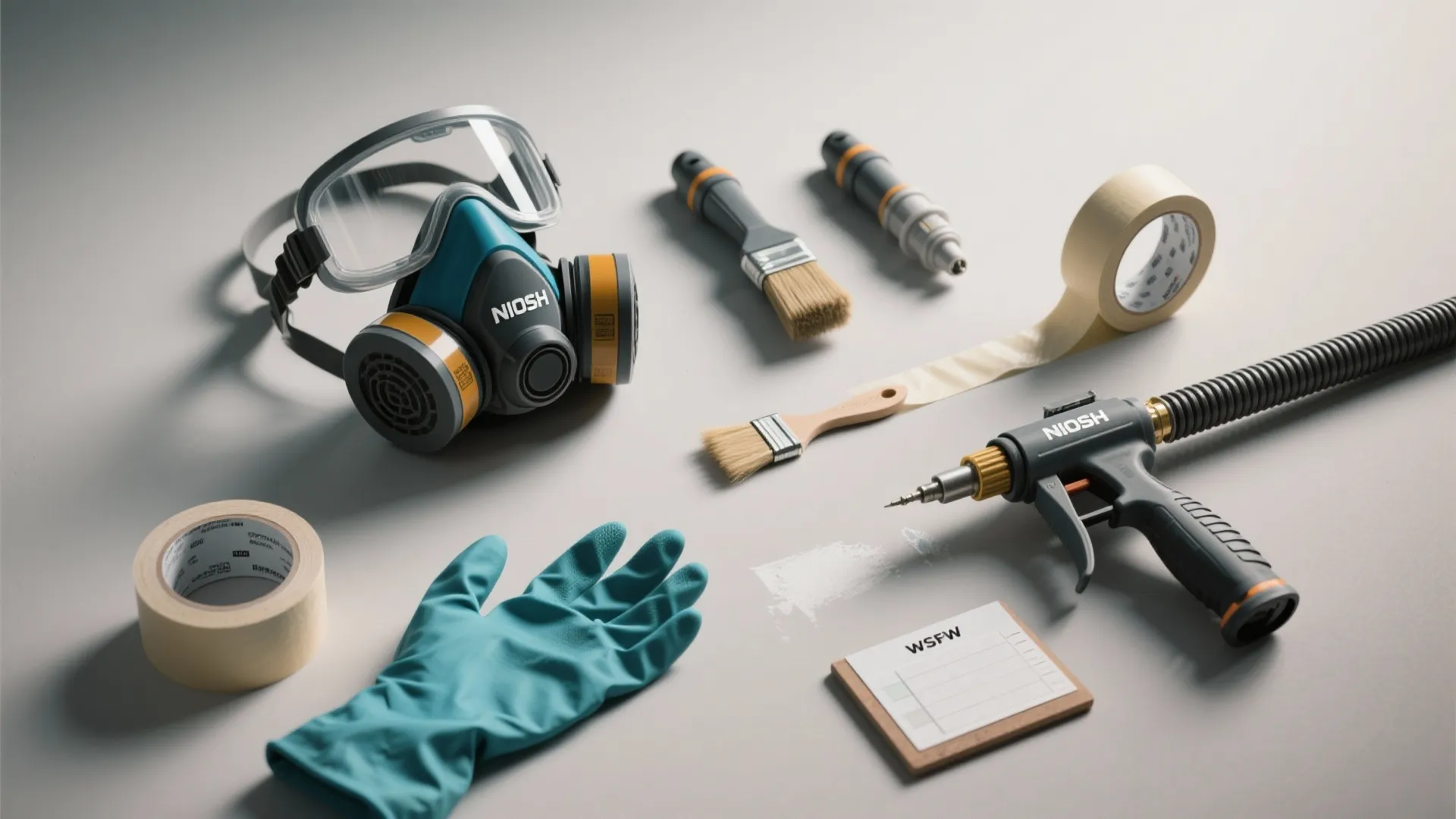 Flatlay of respirator, goggles, gloves, nozzles, tape, brush and a test board for spraying.