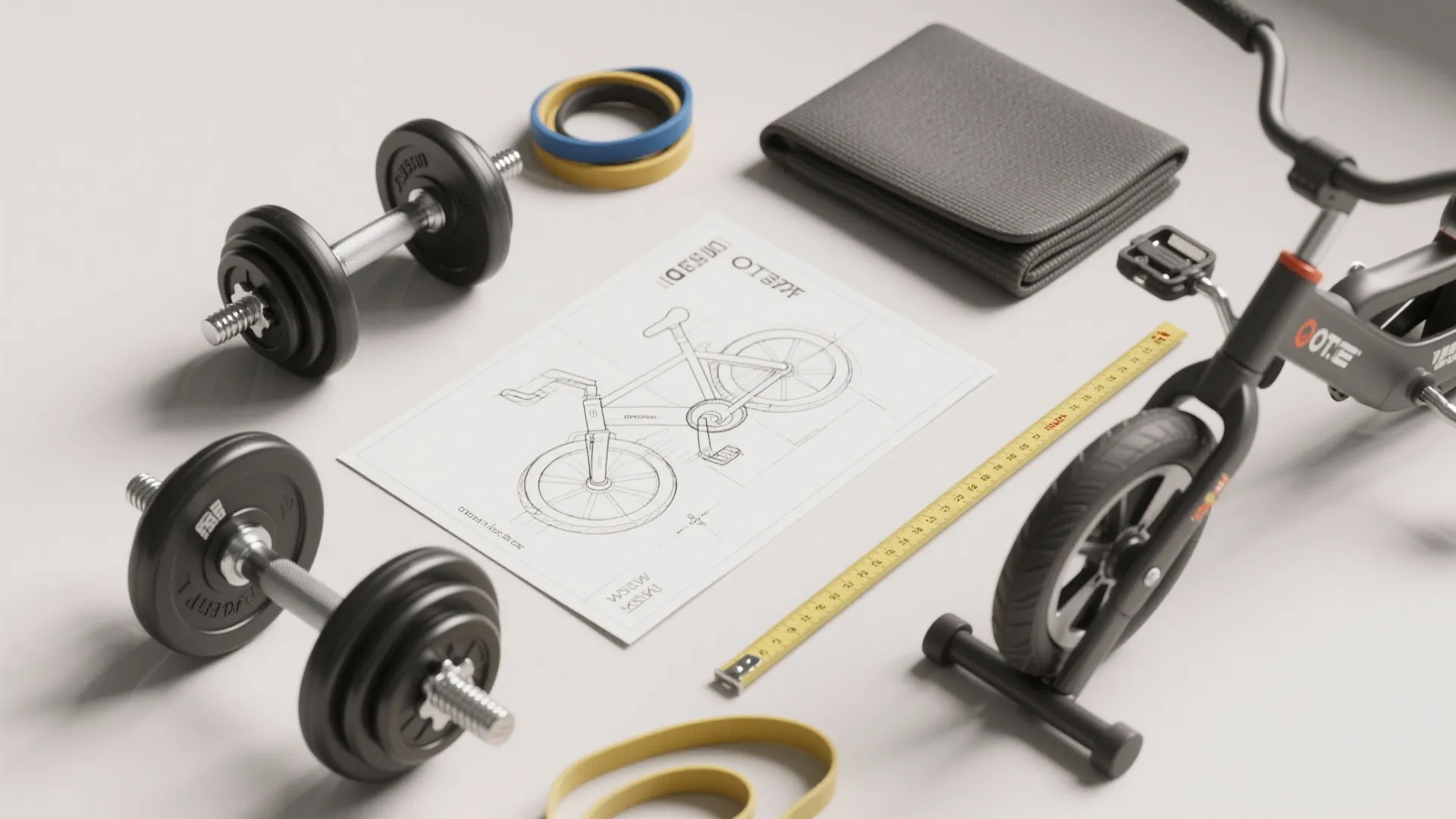 Top-down view of compact gym essentials and a simple layout sketch for a small space.