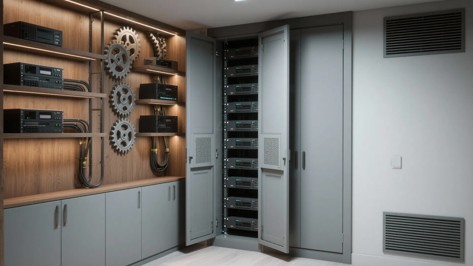 Industrial style wall with decorative gears wooden shelves audio equipment and electronic devices inside grey cabinets
