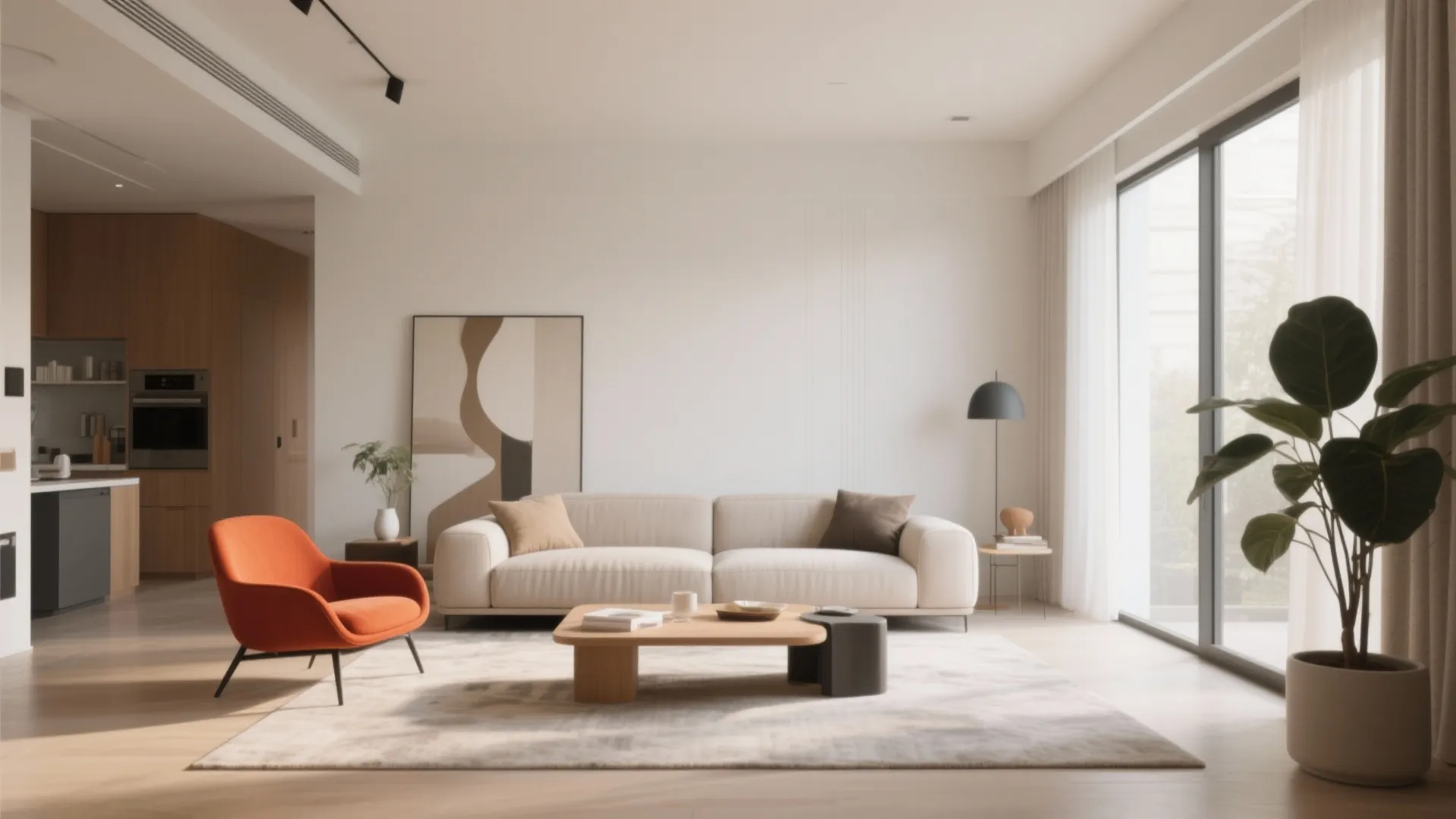 Modern minimal living room with white sofa orange armchair wooden coffee table and big green plant