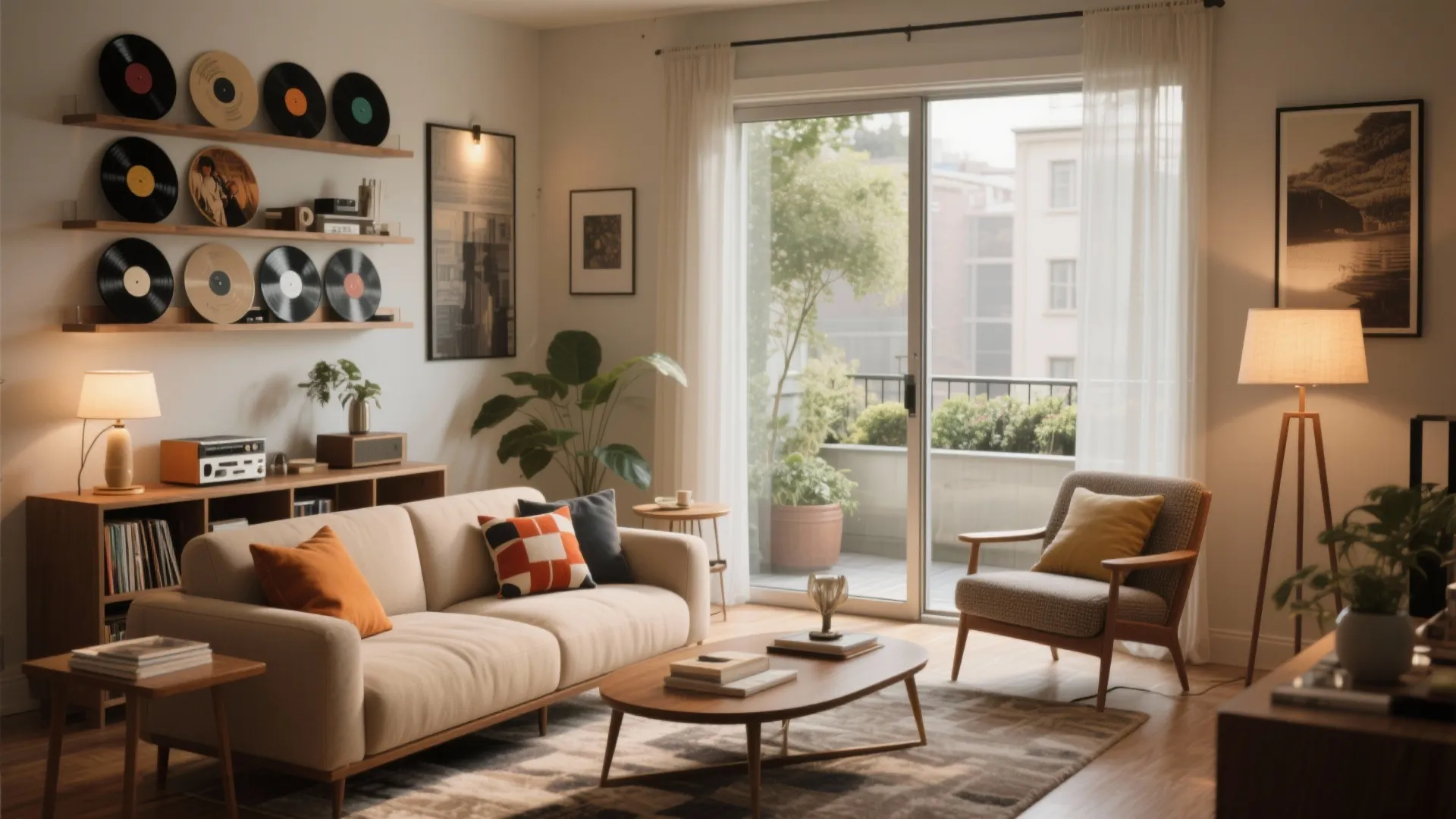 Cozy living room featuring beige sofa wooden coffee table record wall display and balcony glass door