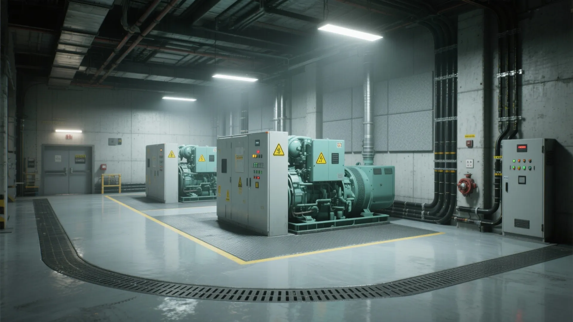 Industrial generator room with large power machines and control panels in a clean concrete basement