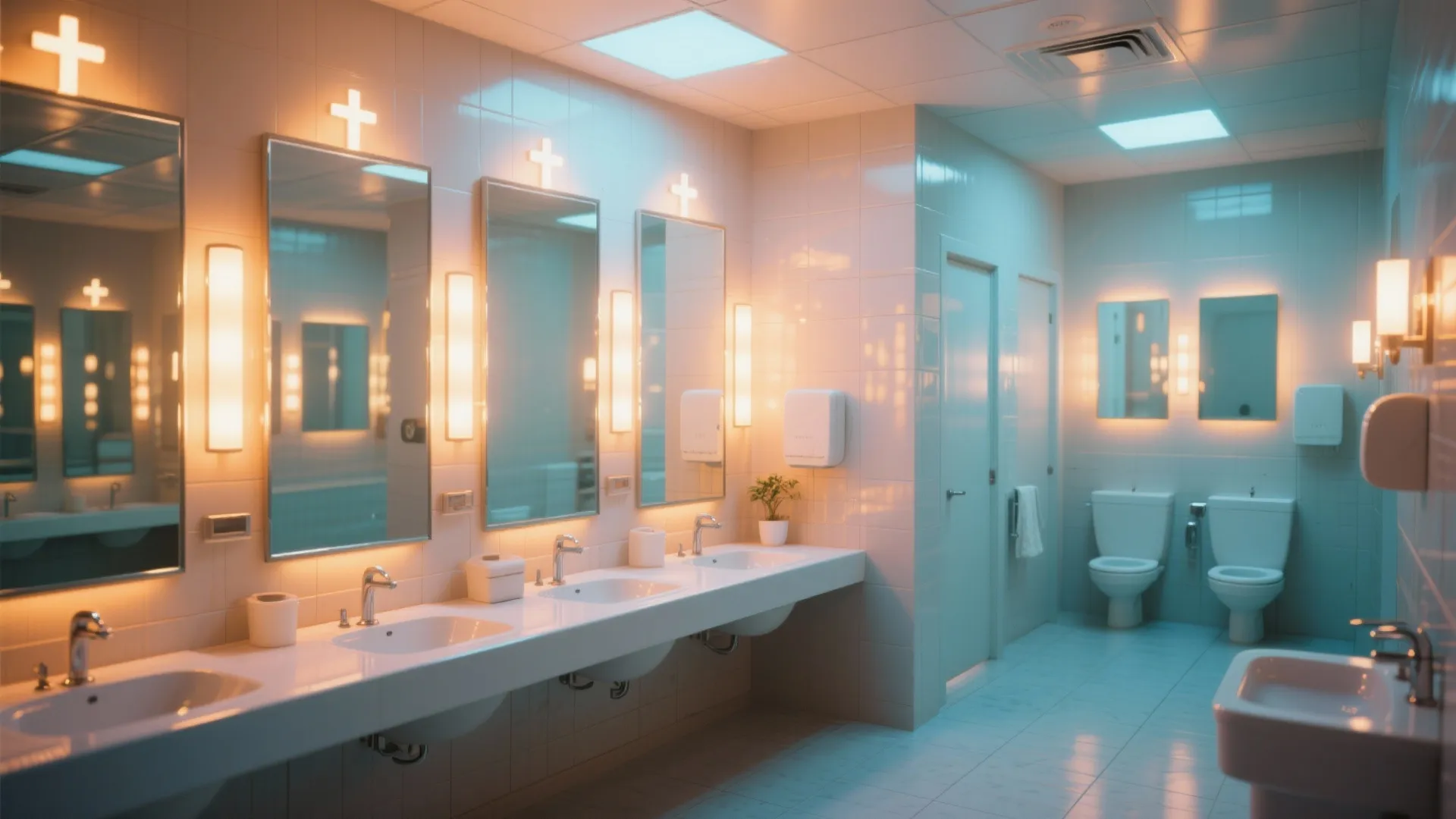 Public bathroom with multiple white sinks, mirrors, cross wall lights, toilets, and bright blue lighting