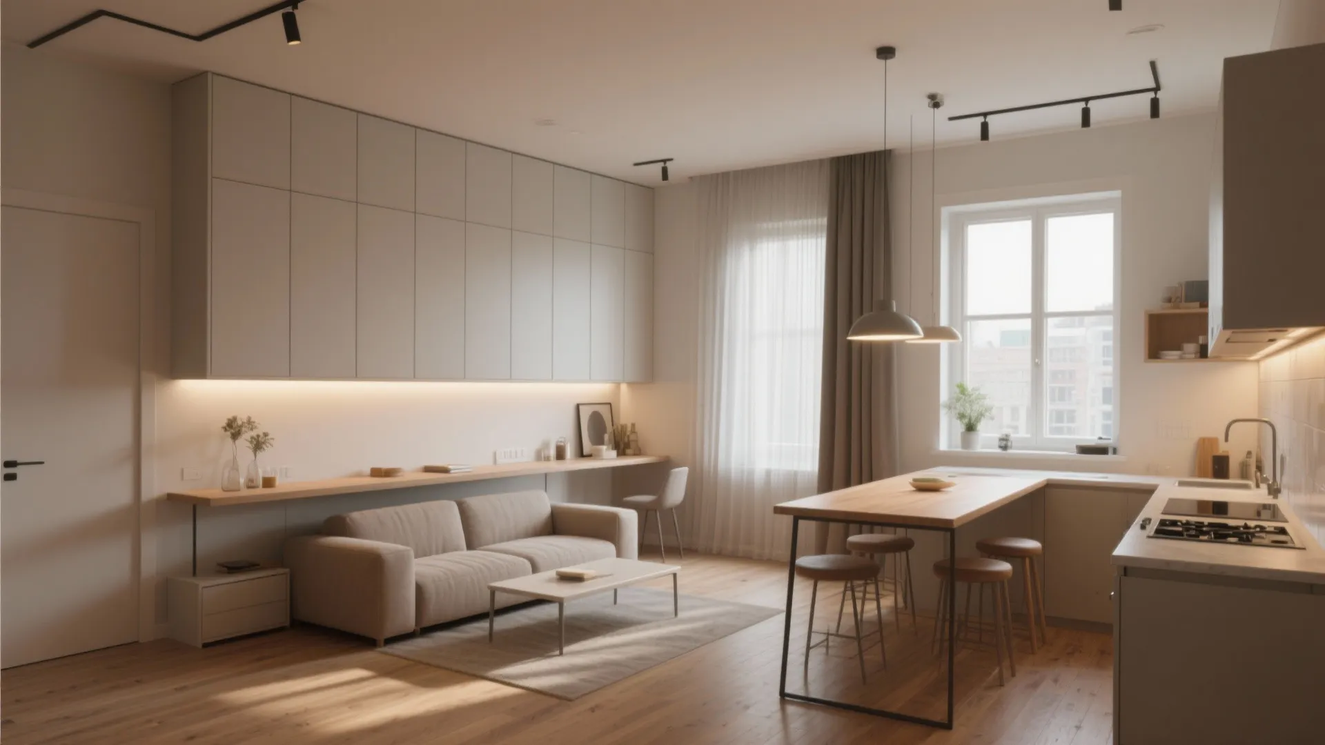 Modern studio apartment with tan sofa beige wall cabinets wooden dining table and small kitchen