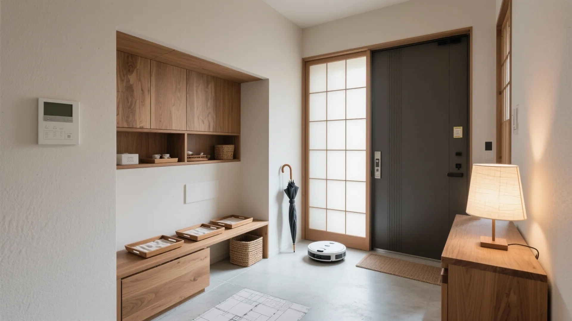 Tips 3: 玄関は“家のレジ”。家族別の受け渡し棚で忘れ物ゼロ（收纳技巧）