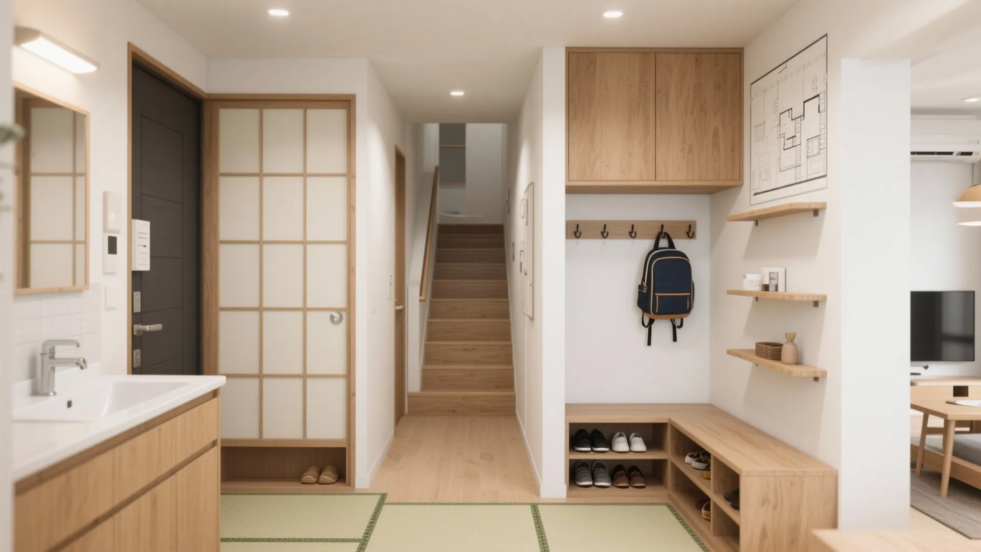 家事と通学の動線設計：玄関→洗面→LDK→階段が一直線（动线规划／东京）