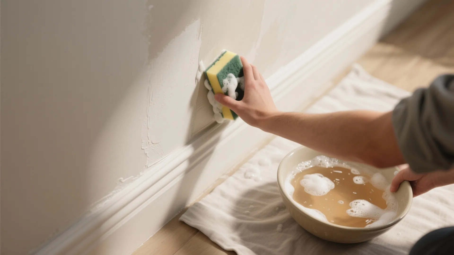 Hand using a sponge to clean a white wall next to bowl of soapy water