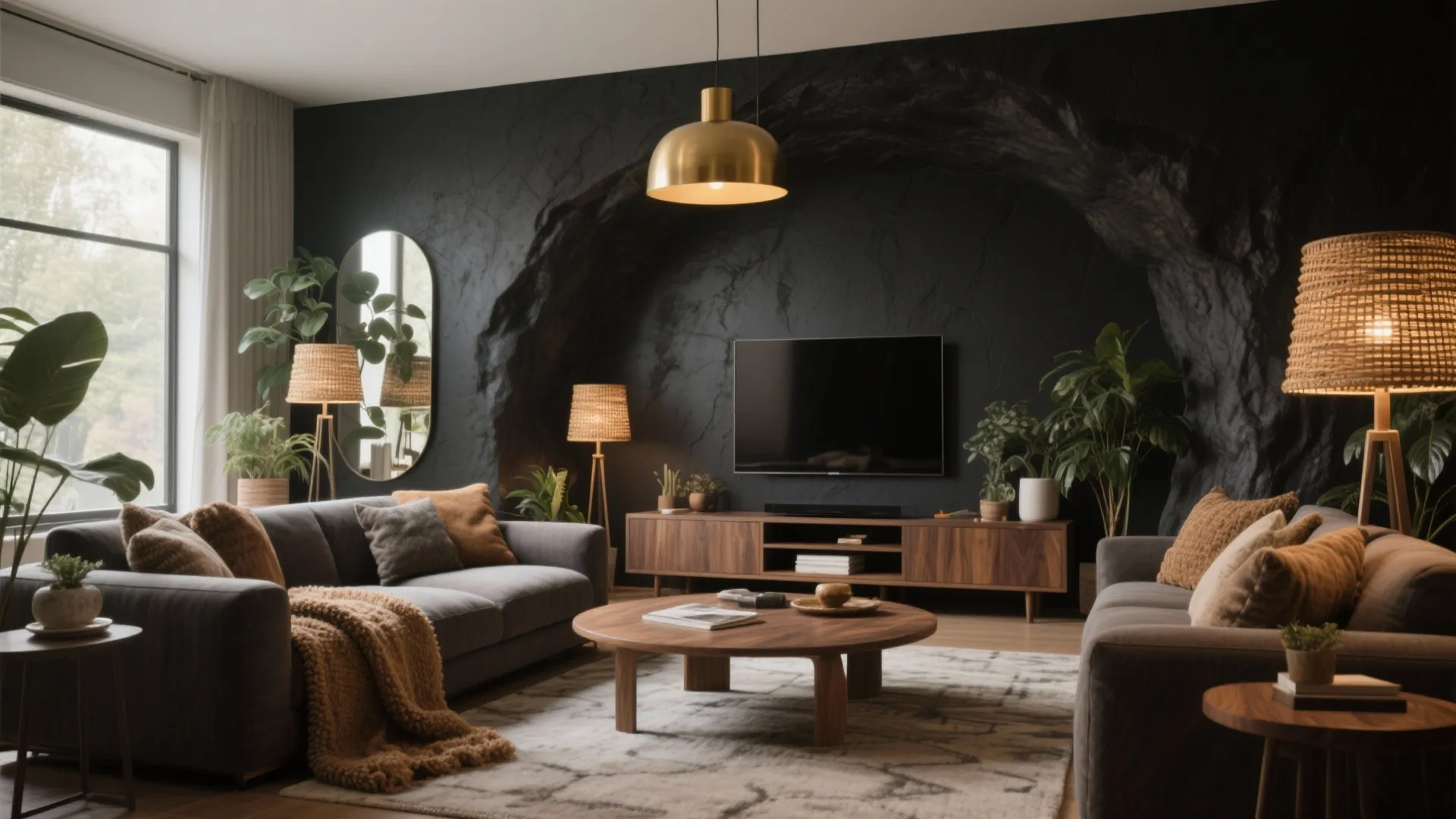 Spacious living room featuring dark textured walls gold ceiling light grey sofas and wood coffee table