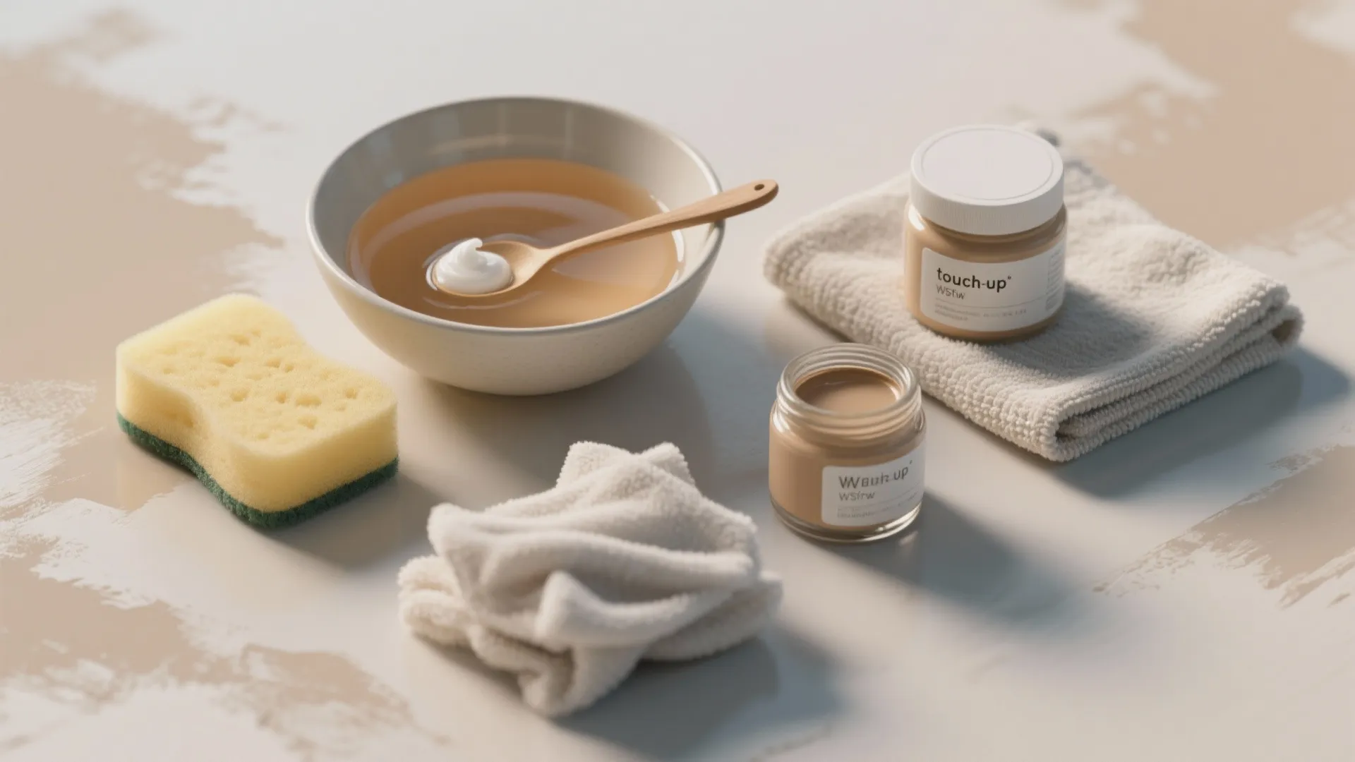 Cleaning supplies including a sponge towels and wall repair cream on a clean white surface
