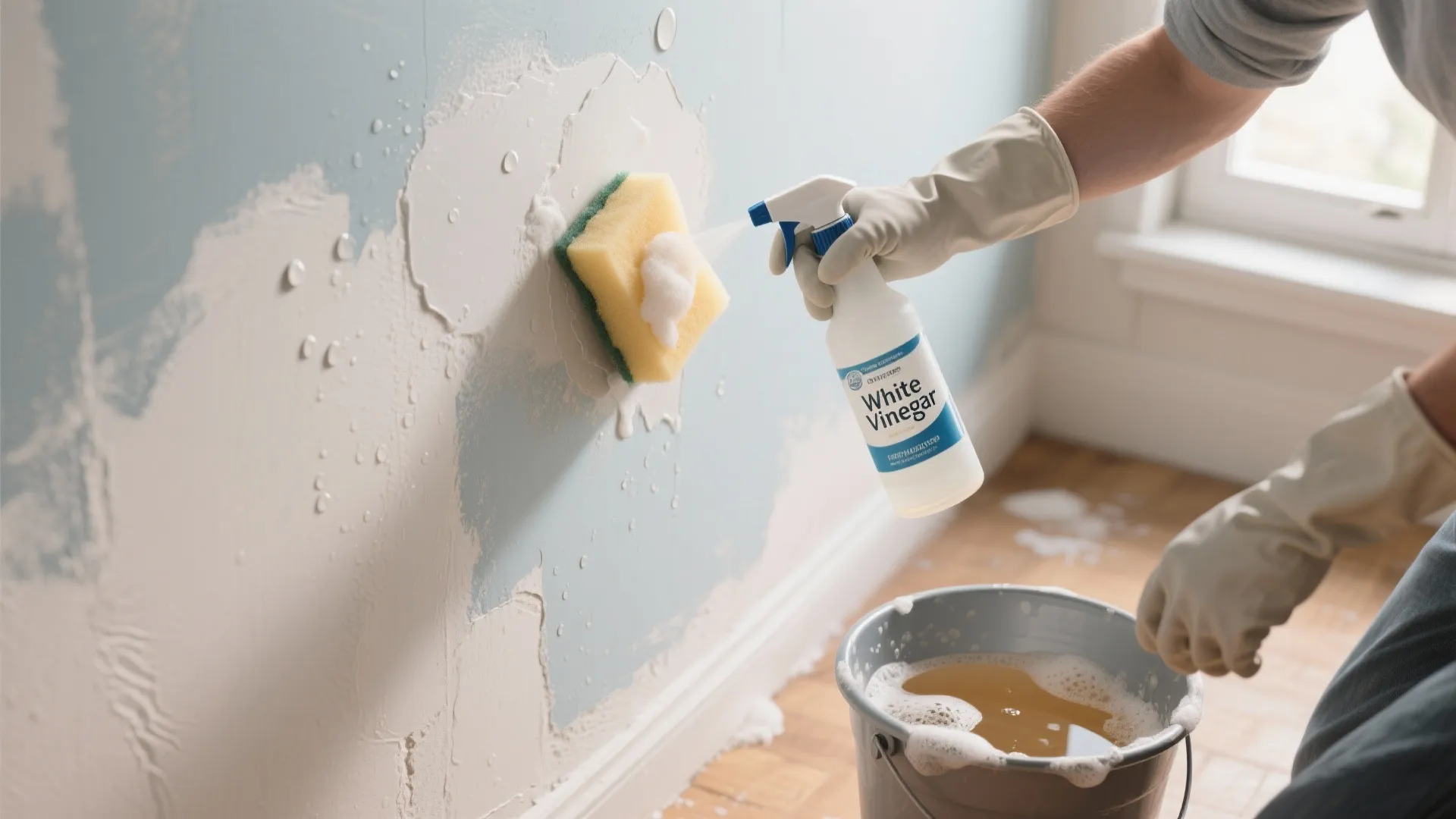 Person wearing rubber gloves cleaning blue wall using yellow sponge and white vinegar spray bottle