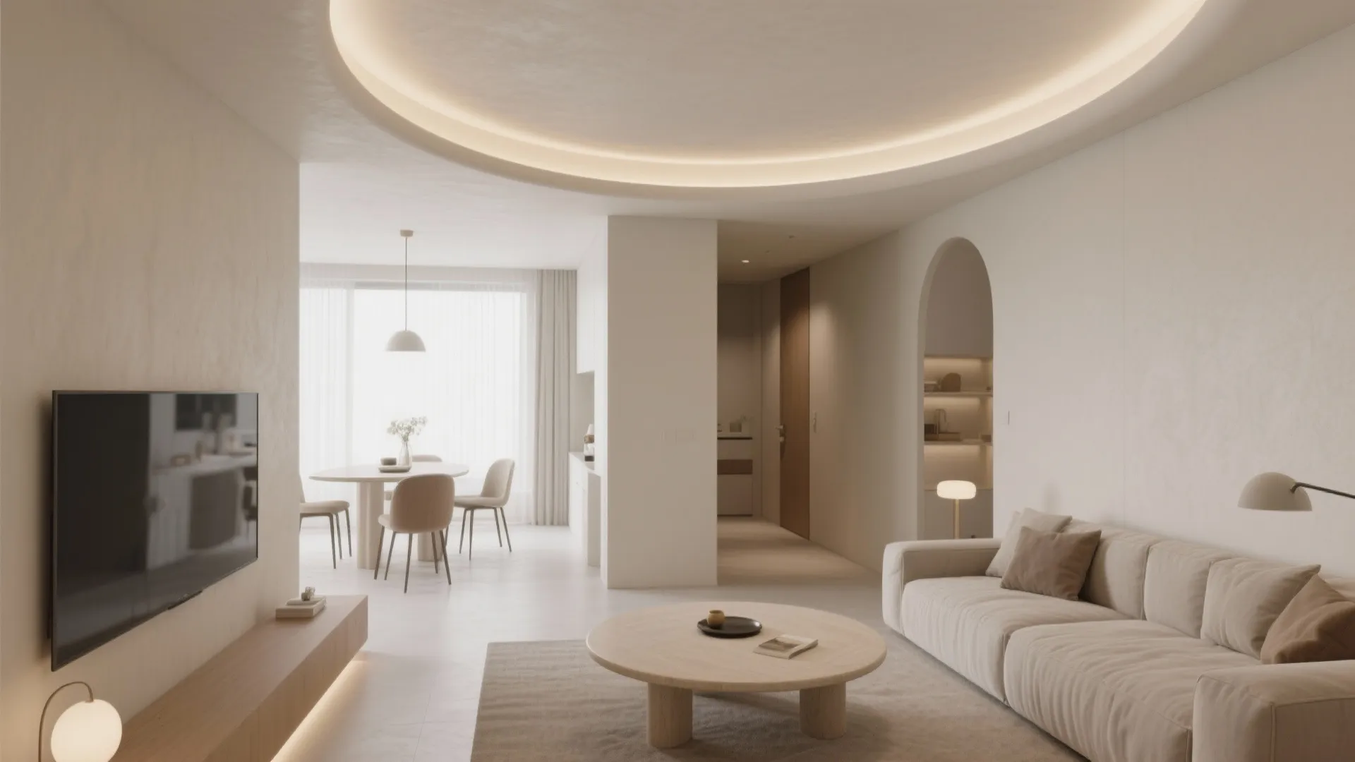 Hall with a gentle curved gypsum bulkhead and curved LED cove, echoing a rounded coffee table.
