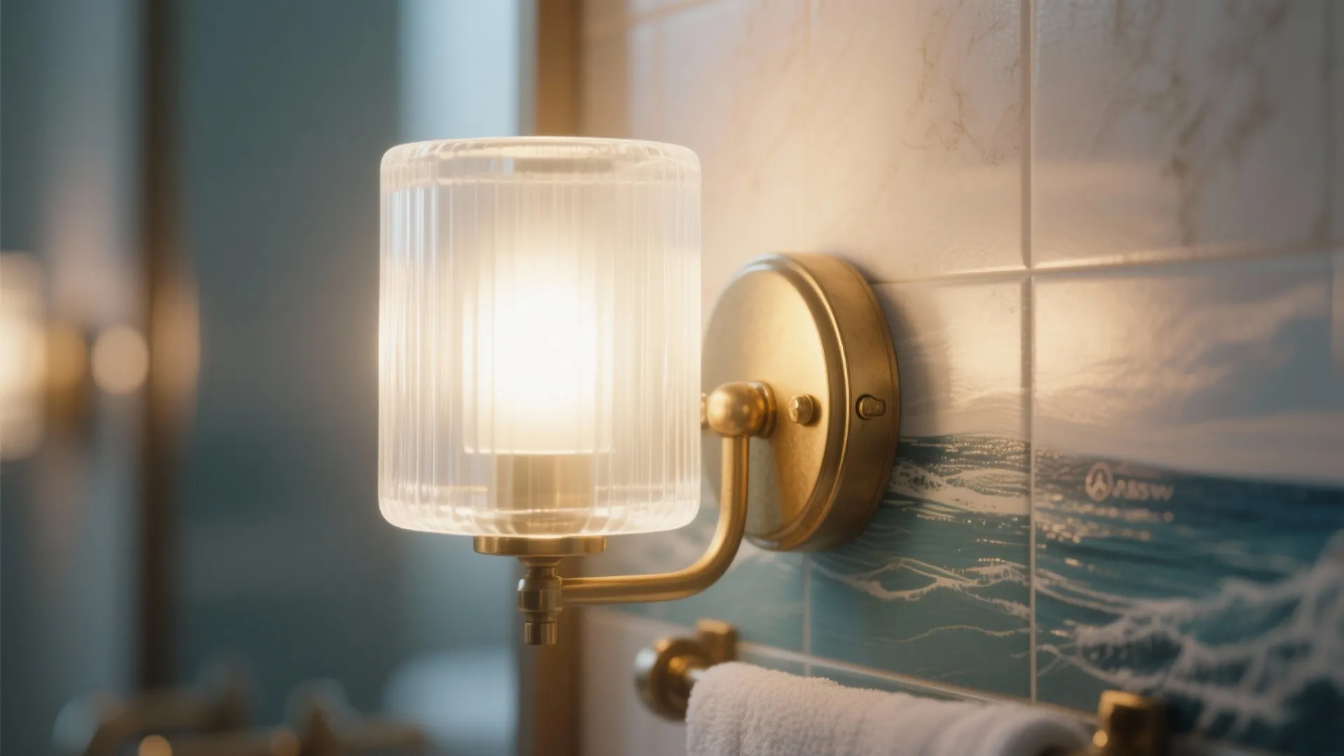 Ribbed glass wall light with brass base mounted on blue and white tiled bathroom wall