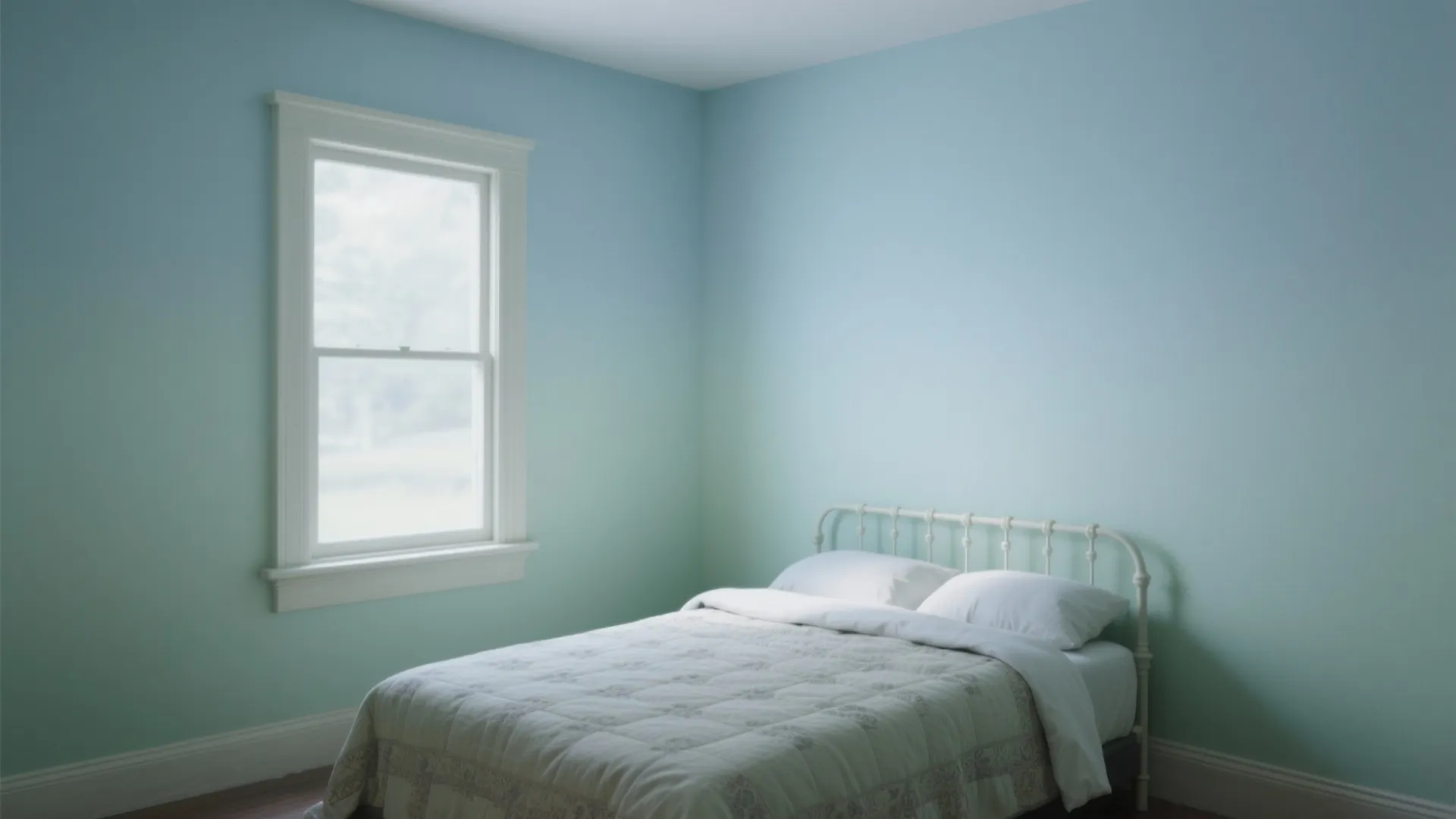Minimalist bedroom with blue ombre walls a white metal bed frame and a large bright window