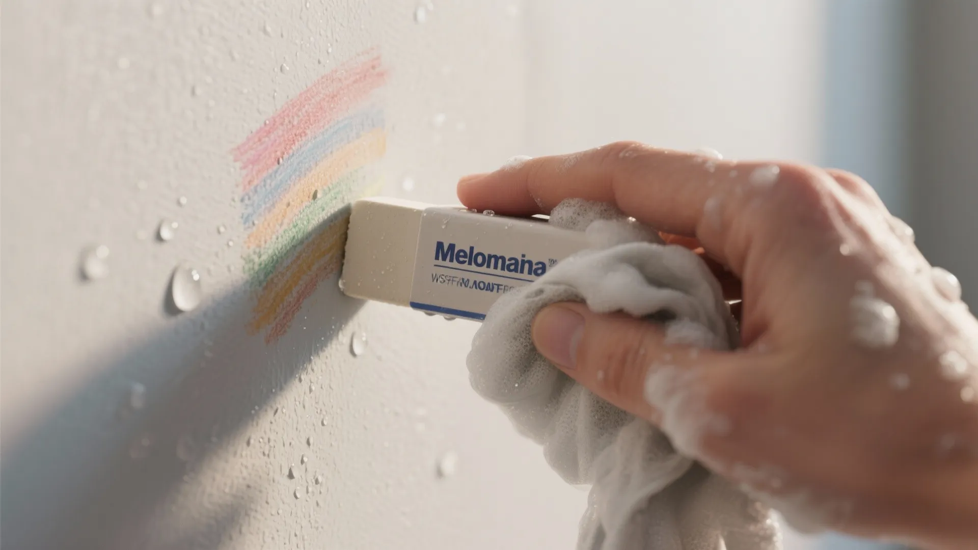 Hand using a white eraser and cloth to remove colorful crayon marks from a wall