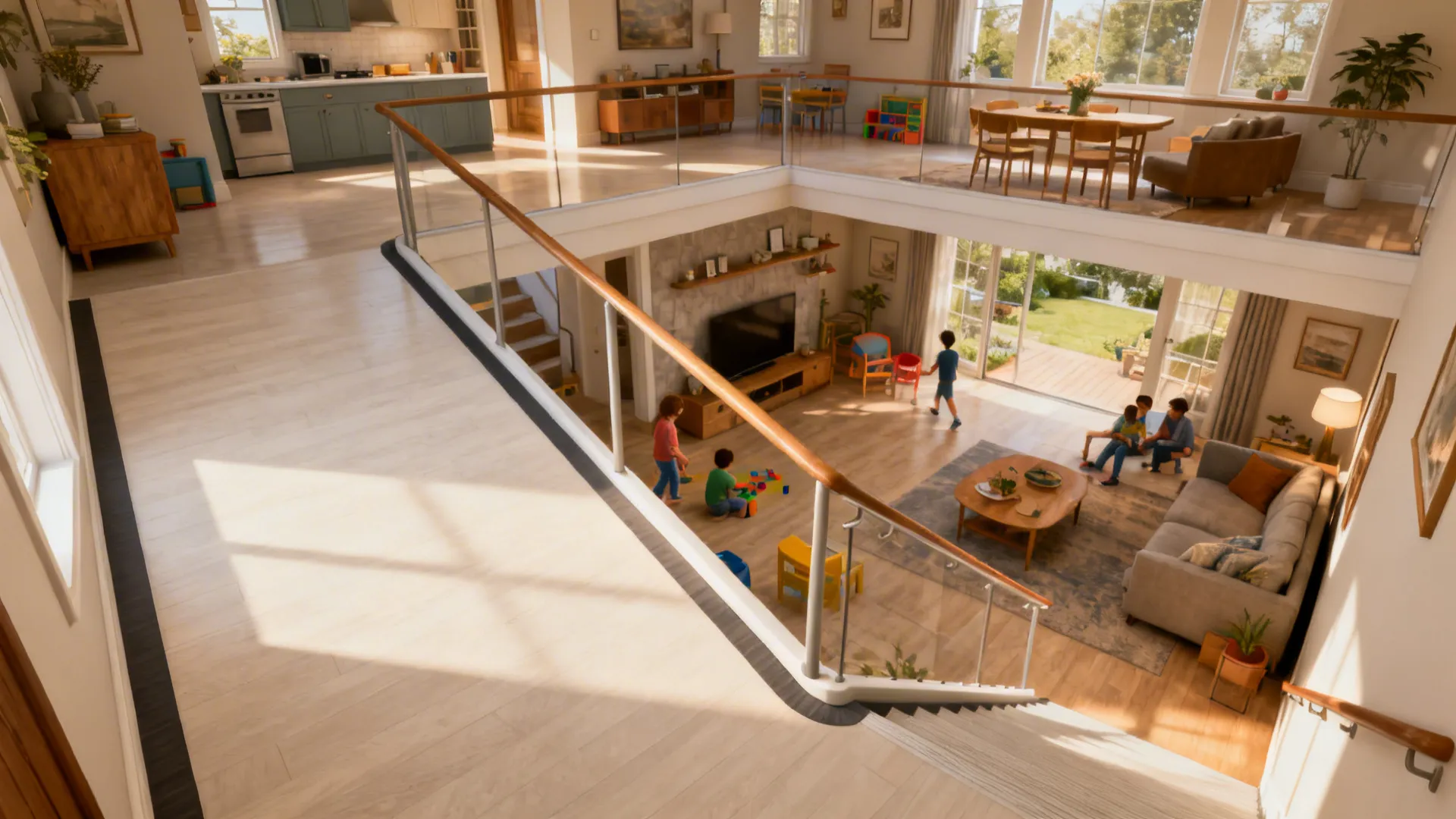 Gentle ramp connecting living room levels for accessibility while retaining design character
