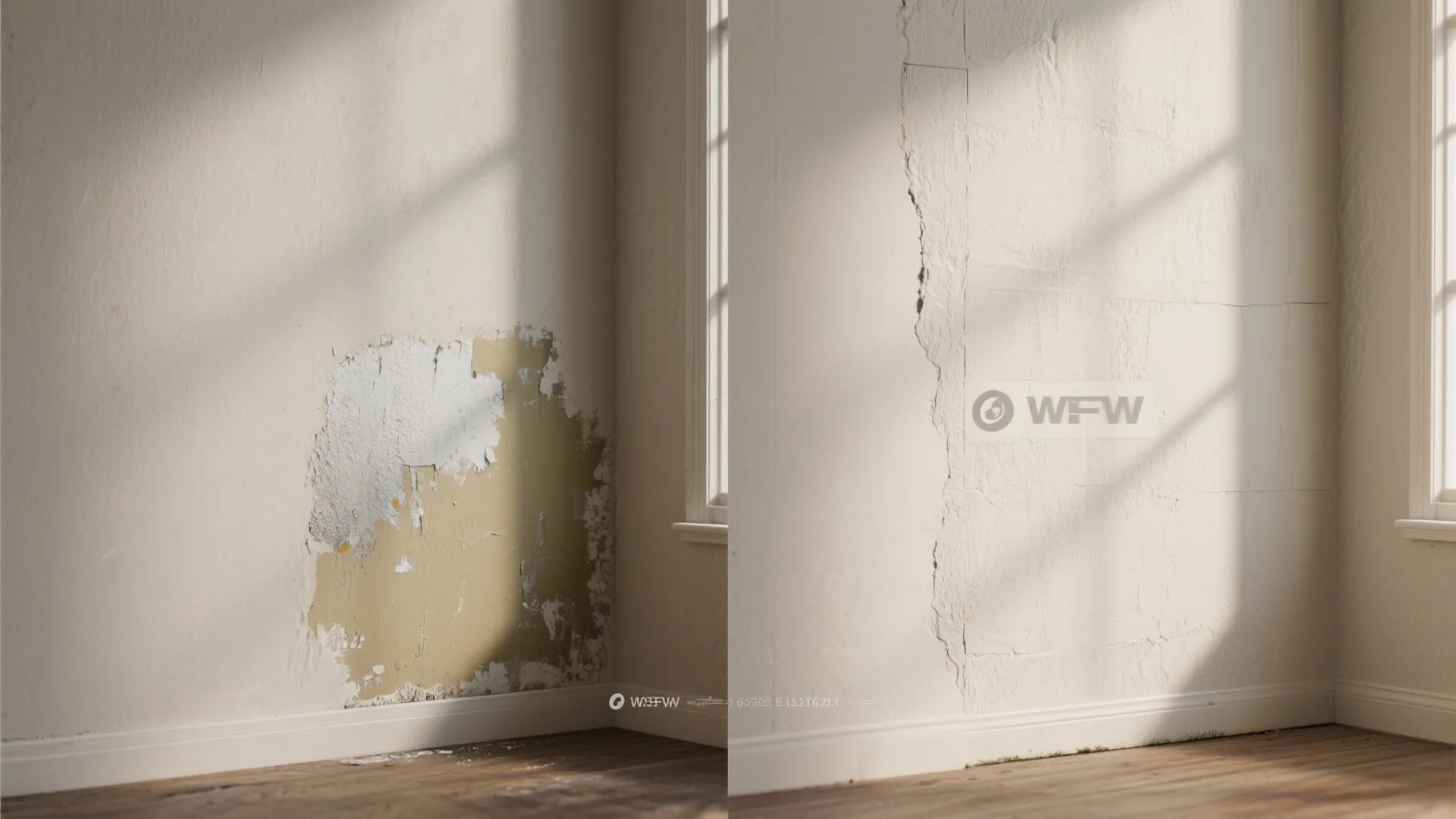 Before and after comparison showing peeling wall paint next to a clean repaired white wall