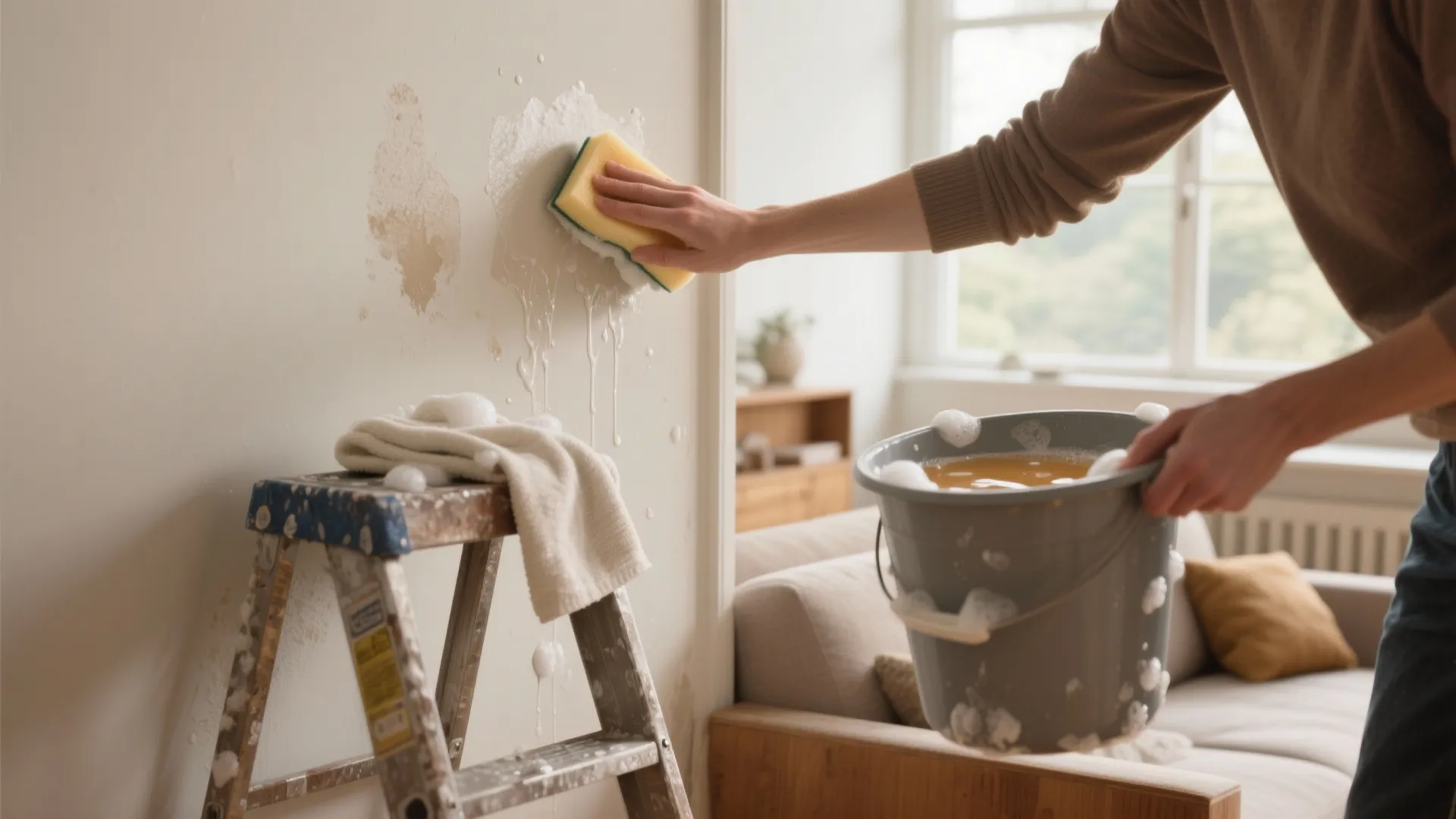 Person cleaning white living room wall with yellow sponge and soapy water from grey bucket