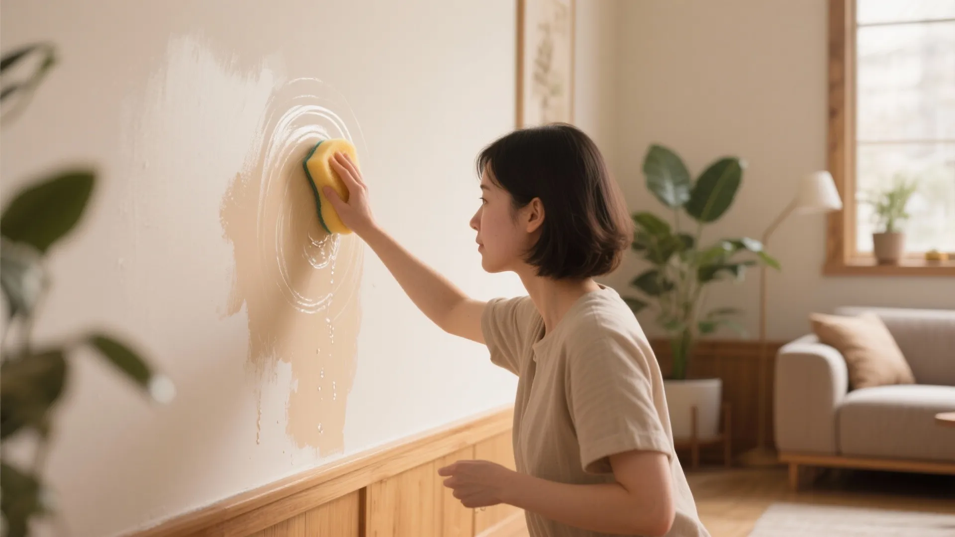 A woman cleaning a beige wall with a yellow sponge in a modern living room