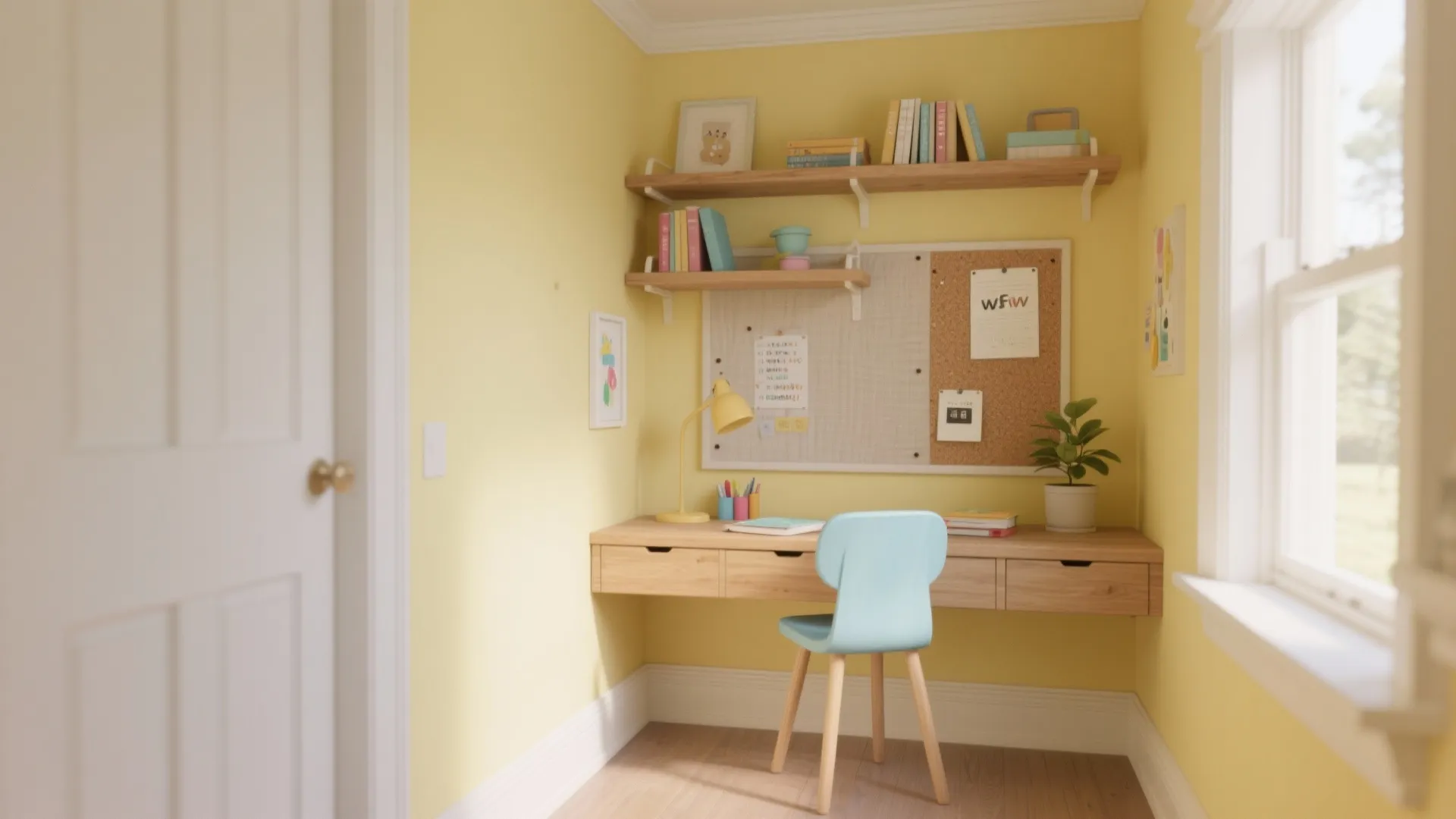Bright yellow home office with a floating wooden desk blue chair and a cork board