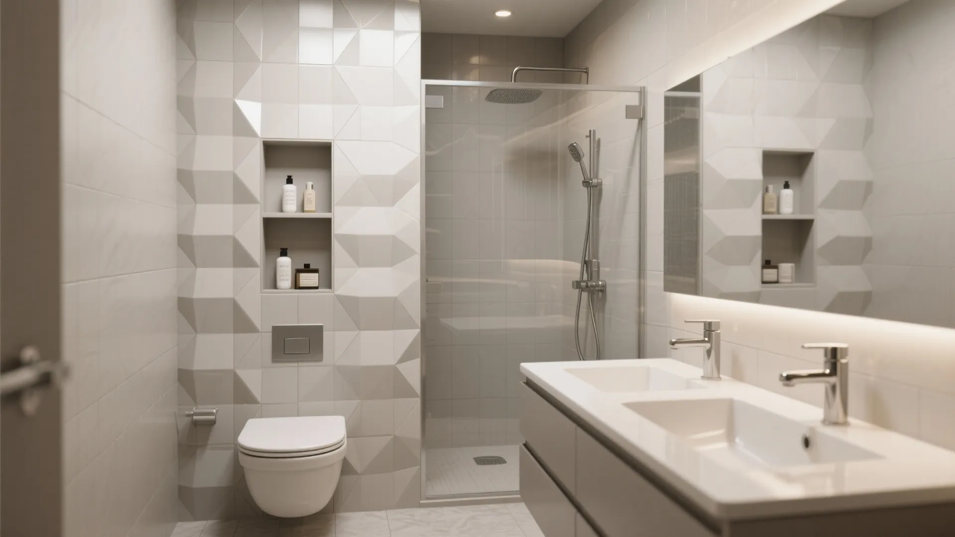 Modern bathroom design with double sink vanity glass shower door white toilet and geometric wall