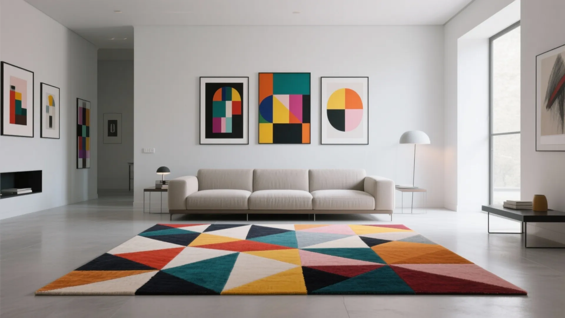 Minimalist living room with a bold geometric abstract rug anchoring the seating area