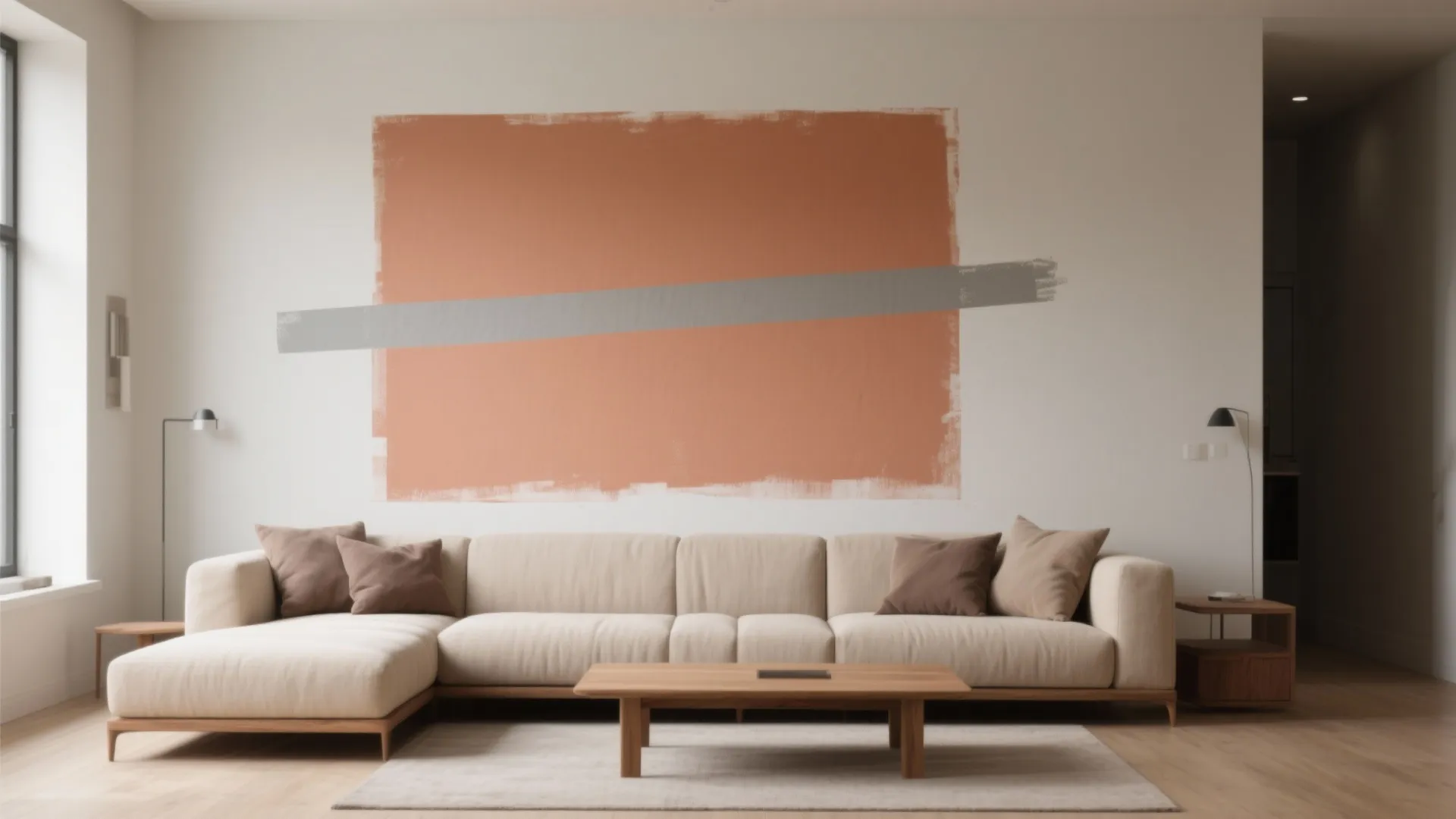 Neutral living room with a large clay painted rectangle and a thin gray stripe behind the sofa.