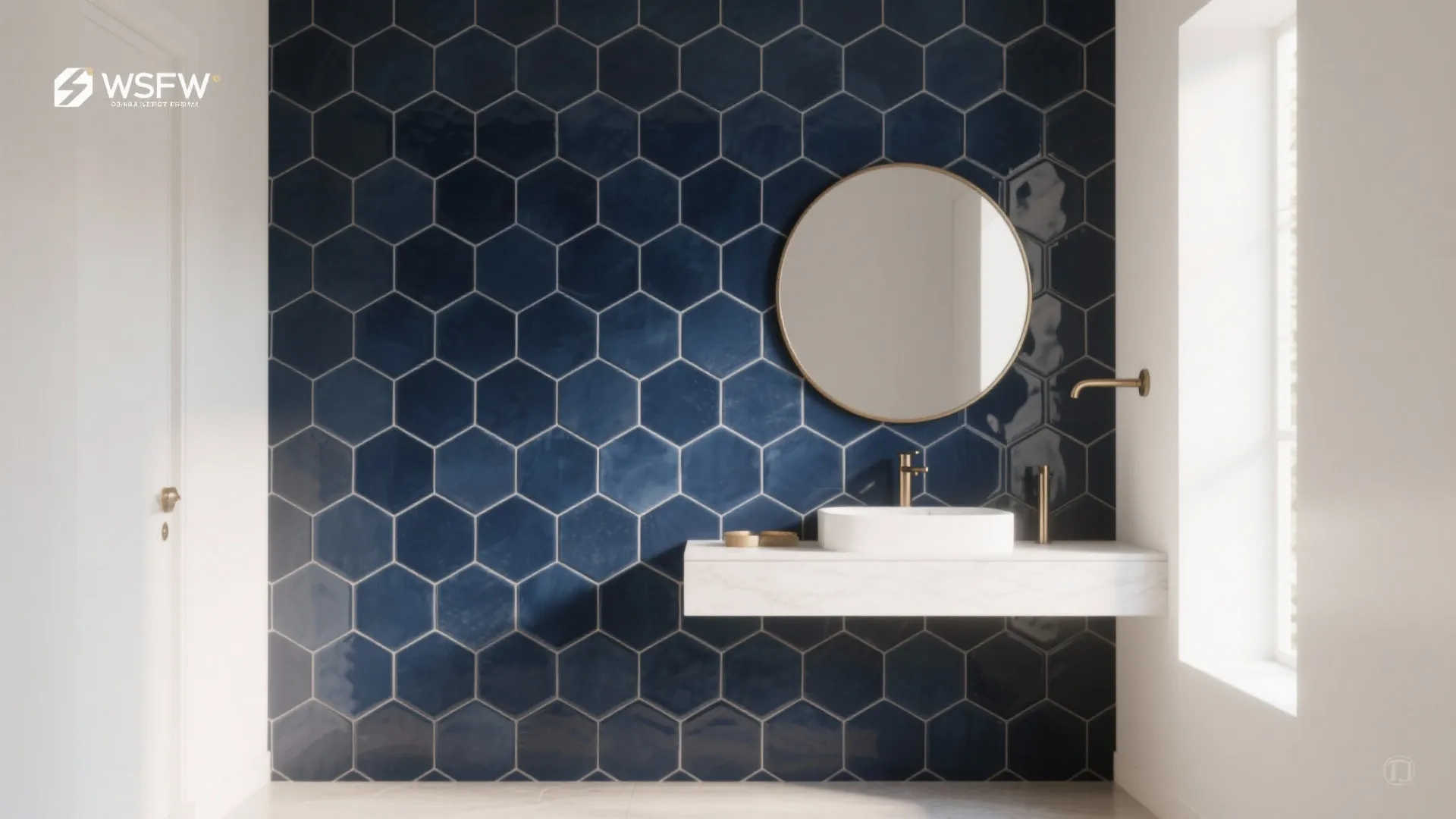 Geometric navy hex tile accent wall anchors a floating vanity in a small bathroom.