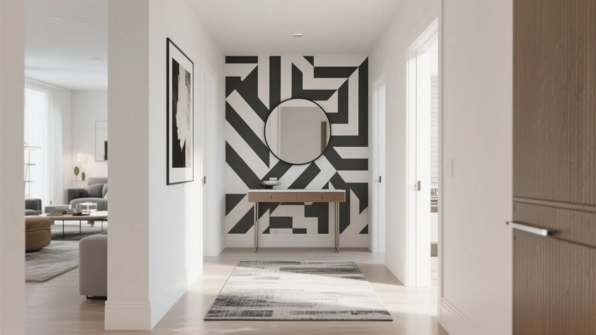 Modern hallway featuring black and white geometric pattern wall round mirror and small wooden table