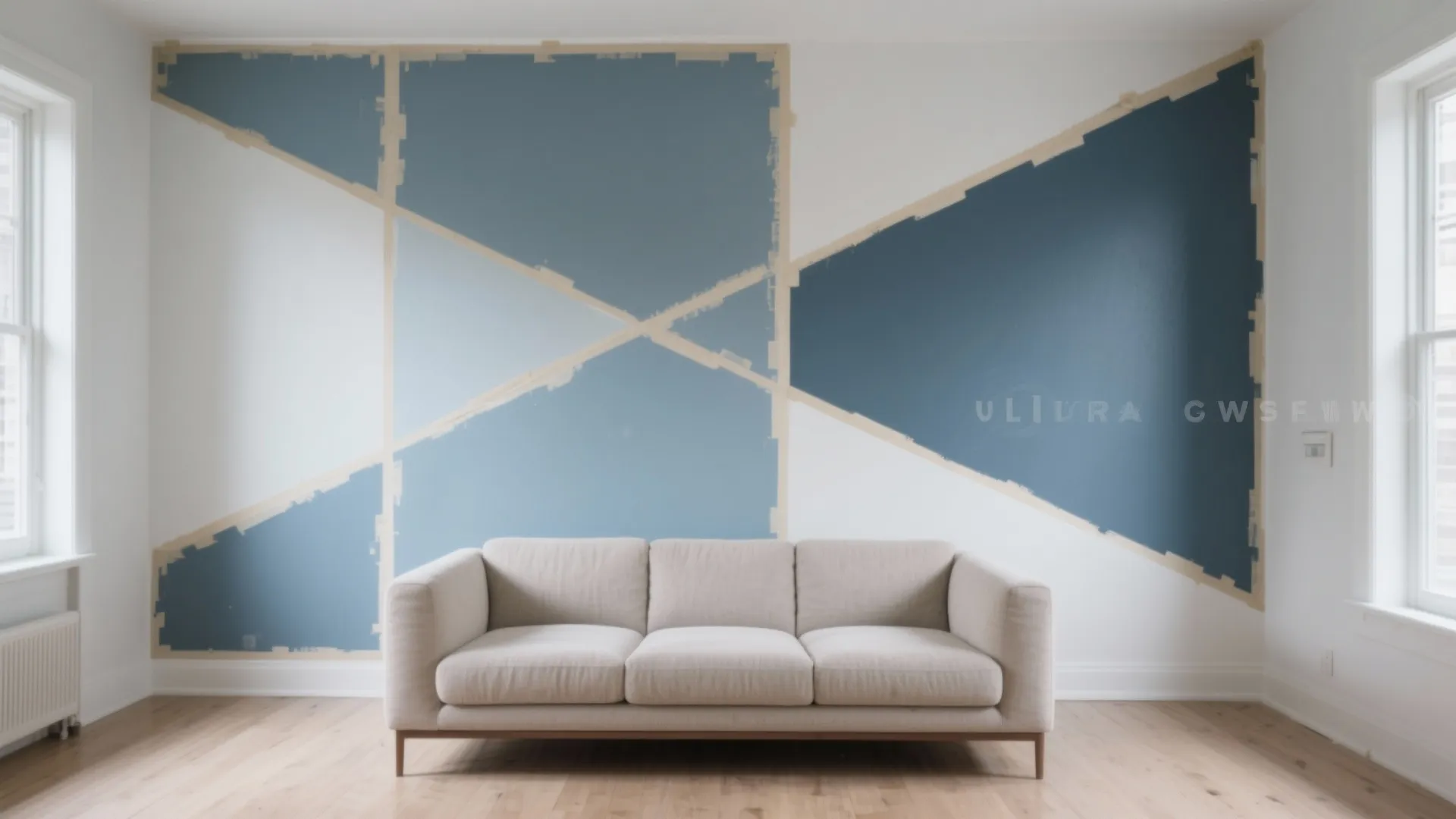 Living room with grey sofa and blue geometric paint shapes on wall using masking tape